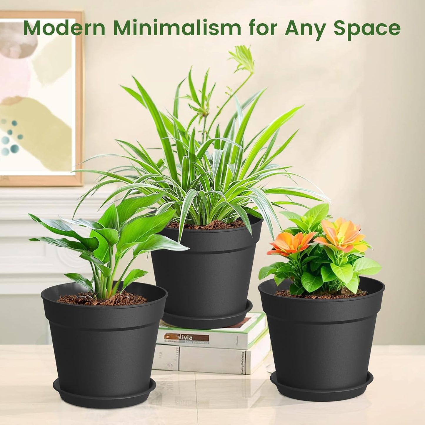 10 Pack 6 Inch Plant Pots with Drainage and Saucers, Black Plastic Flower Pots for Indoor and Outdoor Plants, Stackable Nursery Planters for Houseplants and Herbs, Black