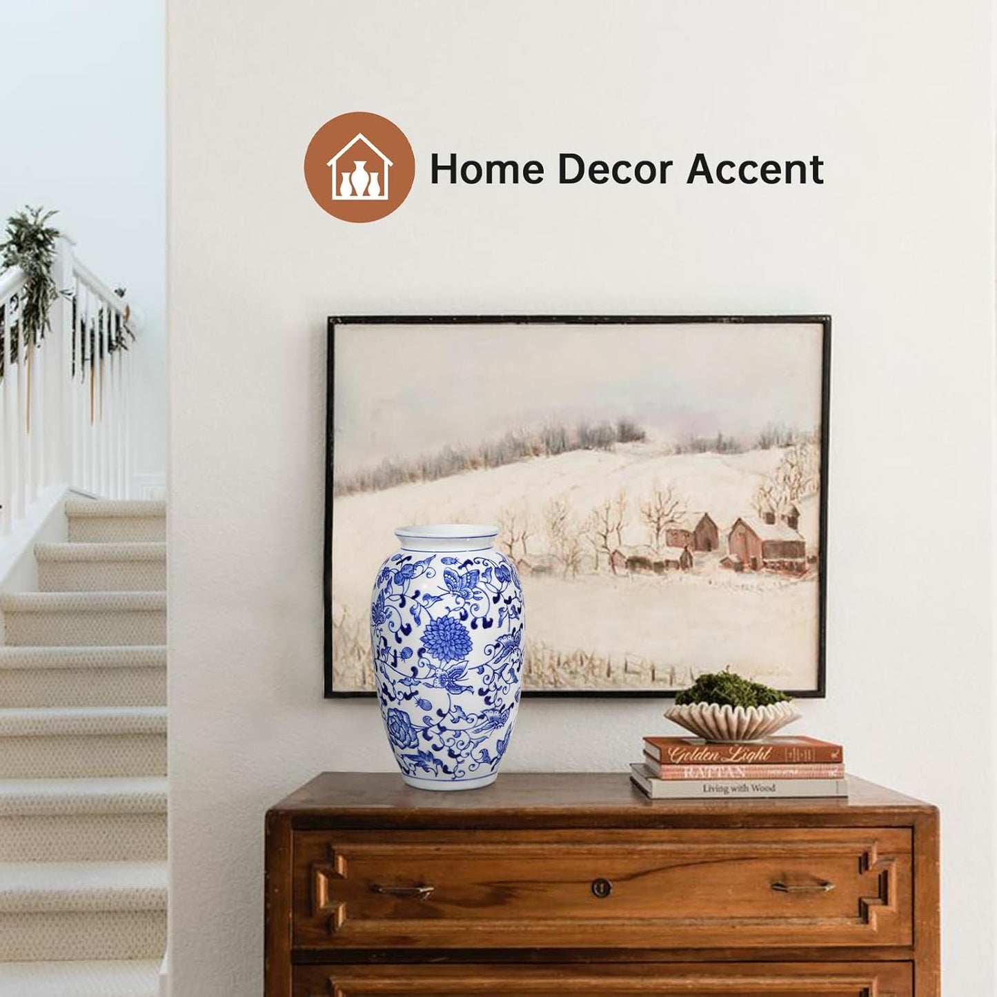 Blue and White Vase, Blue Ceramic Vase for Home Decor 8.9" Chinoiserie Vase for Flowers Blue and White Porcelain Flower Vase for Living Room, Bathroom, Dinner Table Centerpieces
