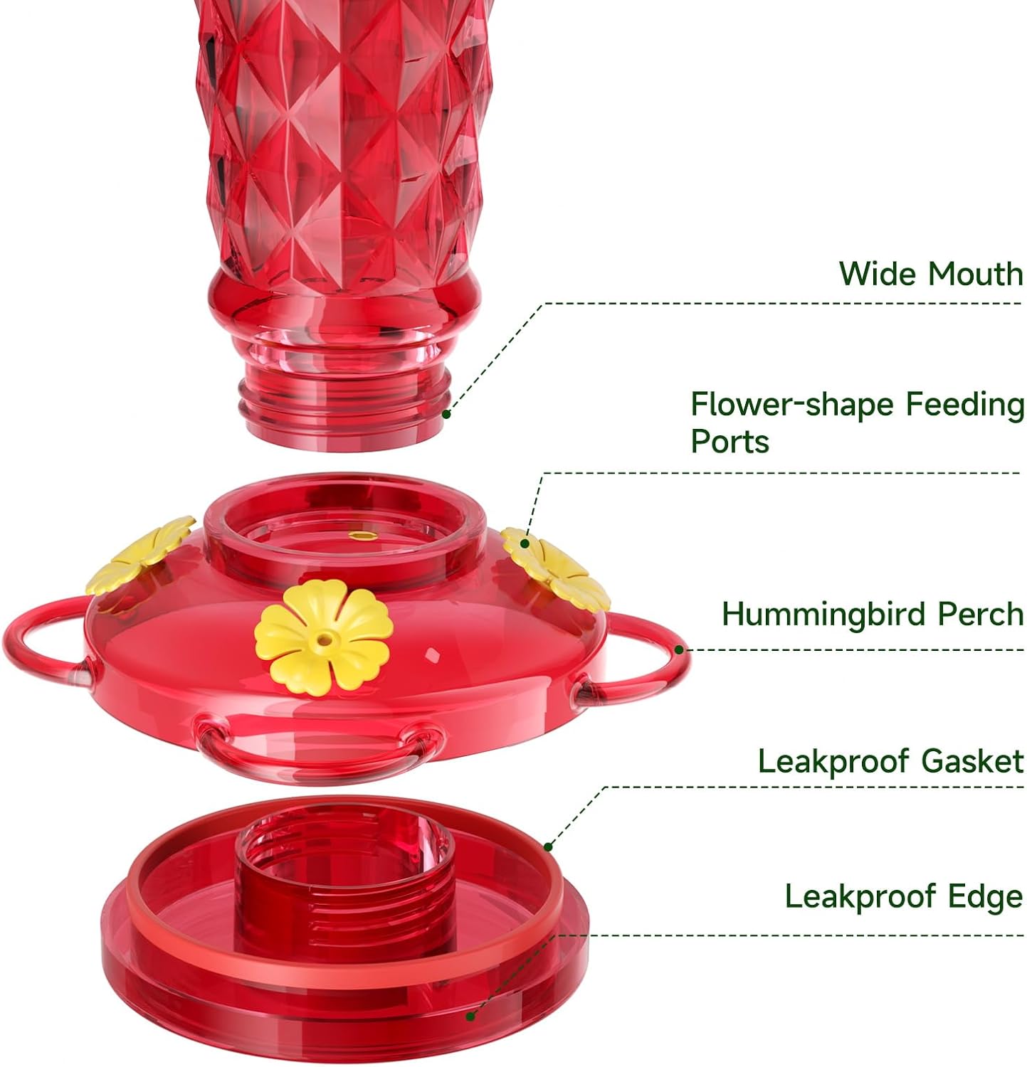 Glass Hummingbird Feeder, 2-Pack 13 OZ Red Hummingbird Feeders for Outdoors with Ant Moats & Bee Guards, Wide Mouth for Easy Cleaning, Leak-Proof Nectar Feeders, Garden Backyard Décor Gifts