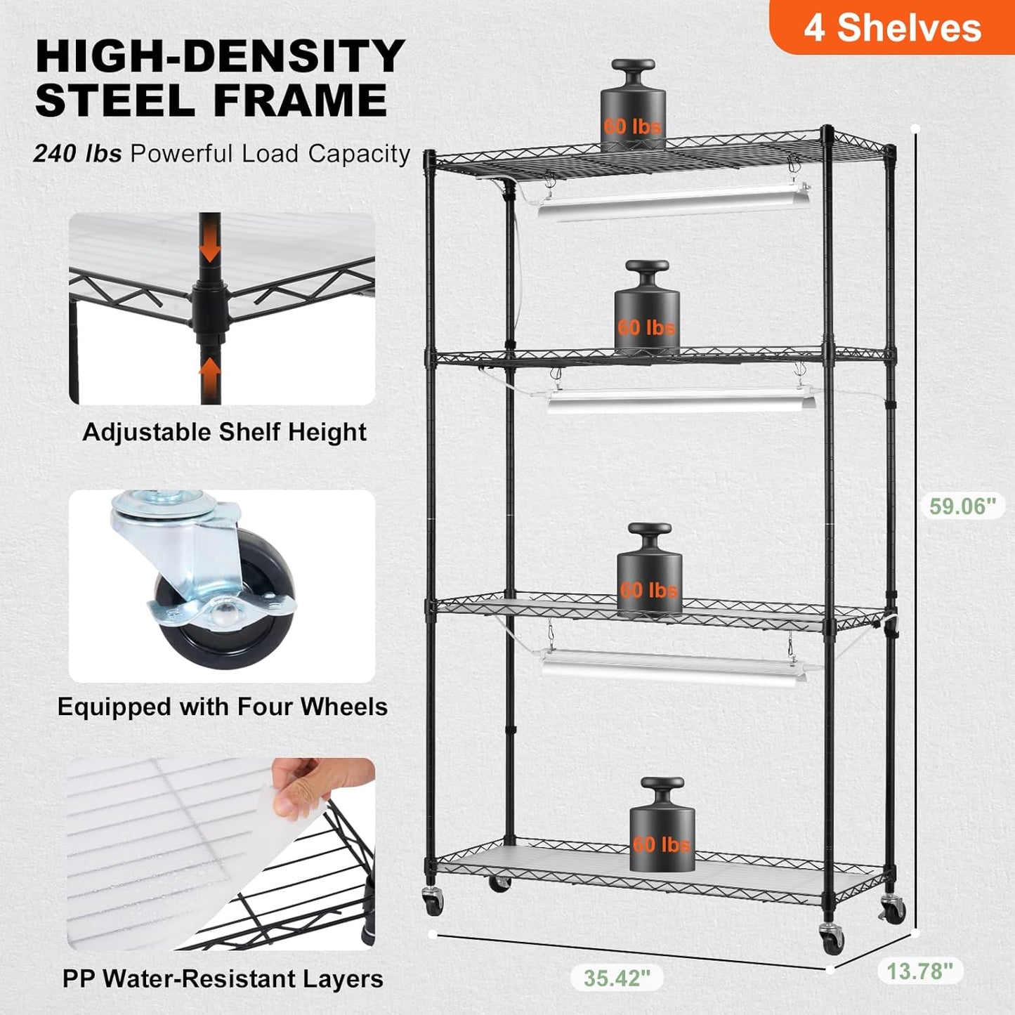 VEVOR Plant Stand with Grow Light, 4 Tier Plant Shelf with 90W Grow Light for Indoor Plants, 3 Modes Grow Light Shelf Full Spectrum Lights Adjustable Metal Plant Stand for Seed Starting