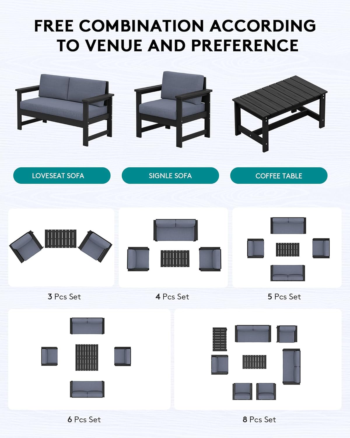 SERWALL 2 Pieces Single Cushioned Lounge Chair, Black HDPE Outdoor Adirondack Sofa Armchair with Grey Cushion