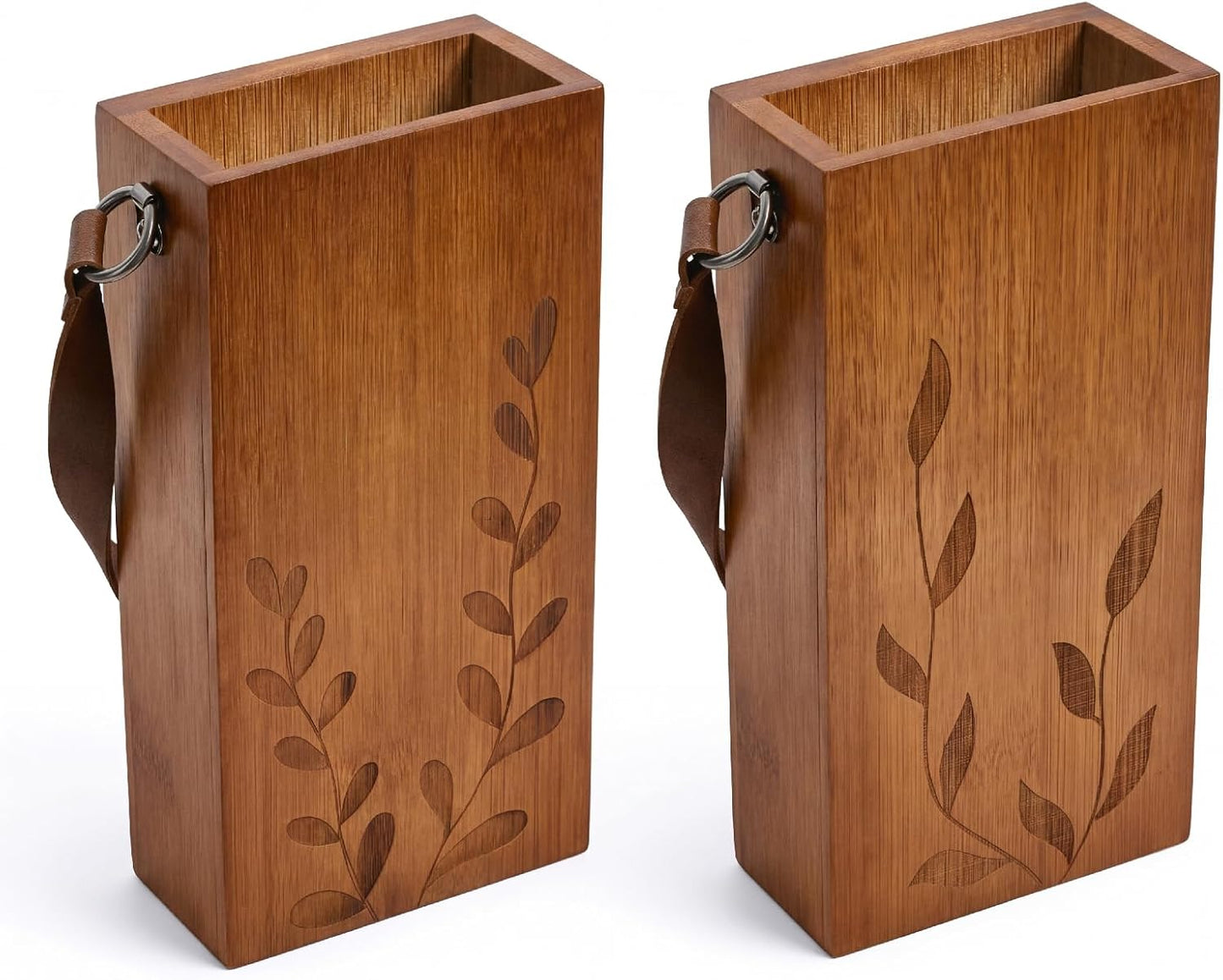 Set of 2 Bamboo Wall Planters Indoor Plants Brown Wood Wall Vase with Durable Leather Handle Boho Wall Decor Living Room Hanging Propagation Stations for Dried Flowers Paintbrushes