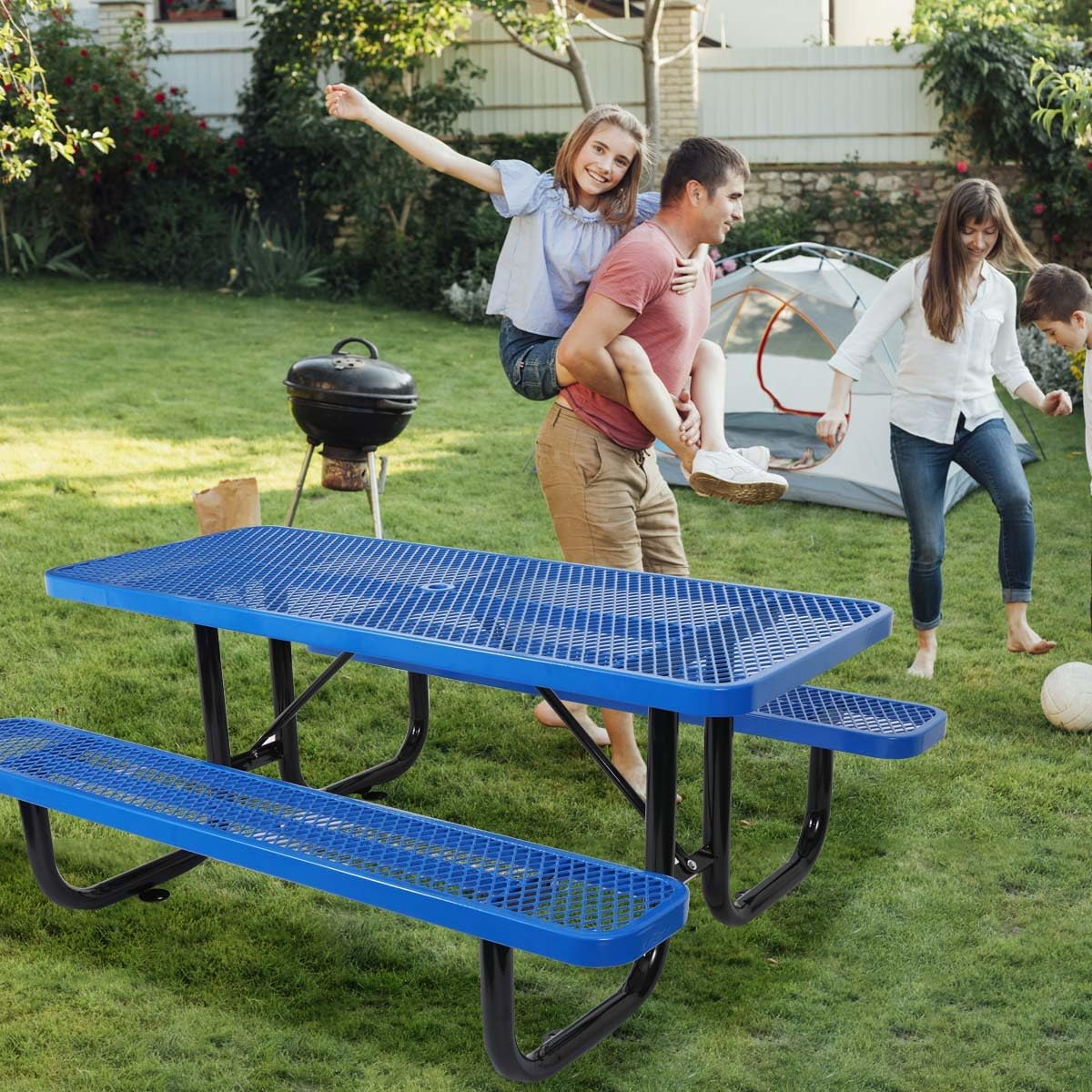 6 ft. Rectangular Outdoor Steel Picnic Table with Umbrella Pole, Heavy-Duty Weather-Resistant Dining Table for Patio, Backyard, and Garden, Rust-Resistant Finish, Blue