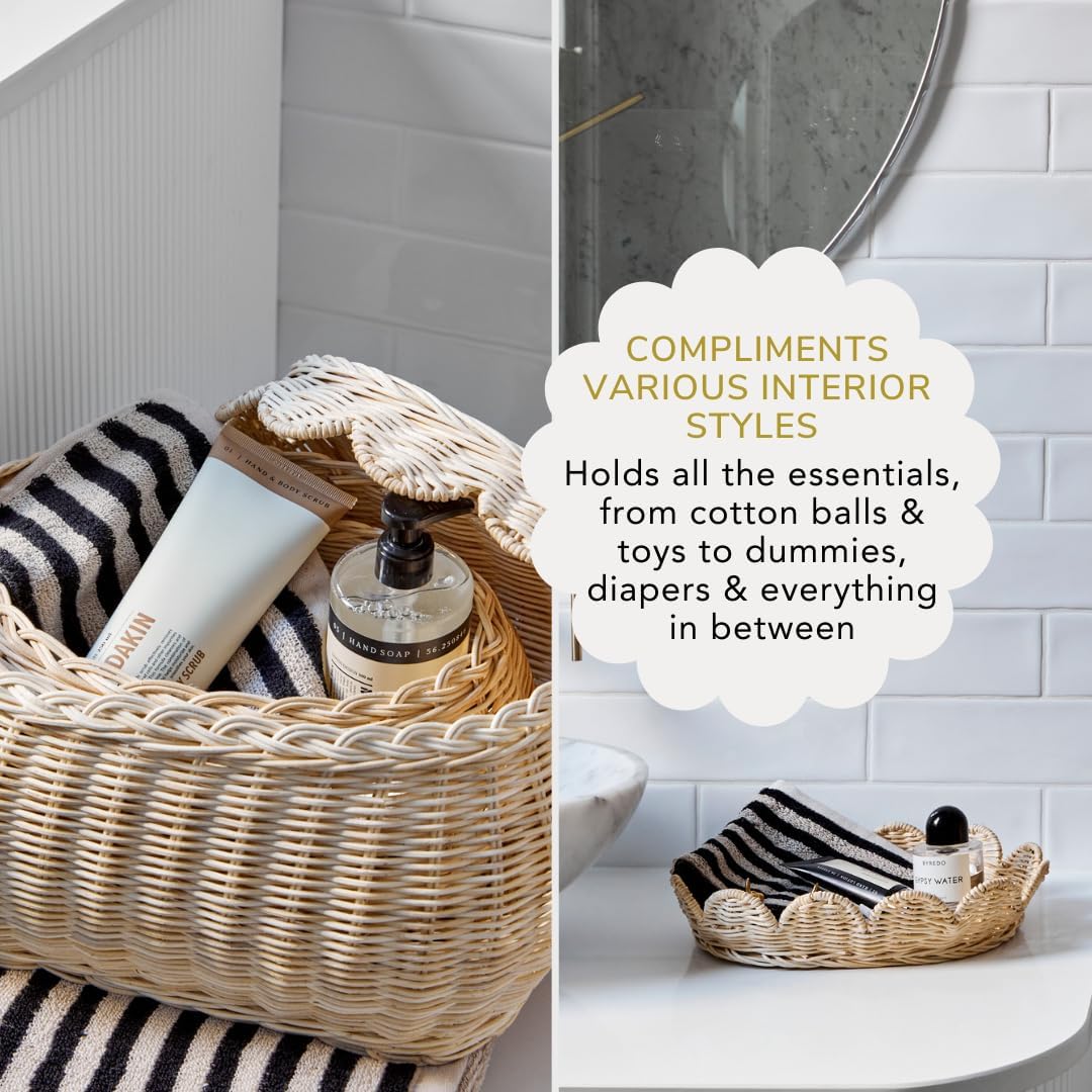 BEBE BASK The Original Scalloped Basket Set Of 2 – Small Scallop Basket - 15 x 10 x 6 In - Hand-Woven & Award-Winning - Elegant Wicker With Scalloped Edge Lid - Nursery Storage - (Natural)