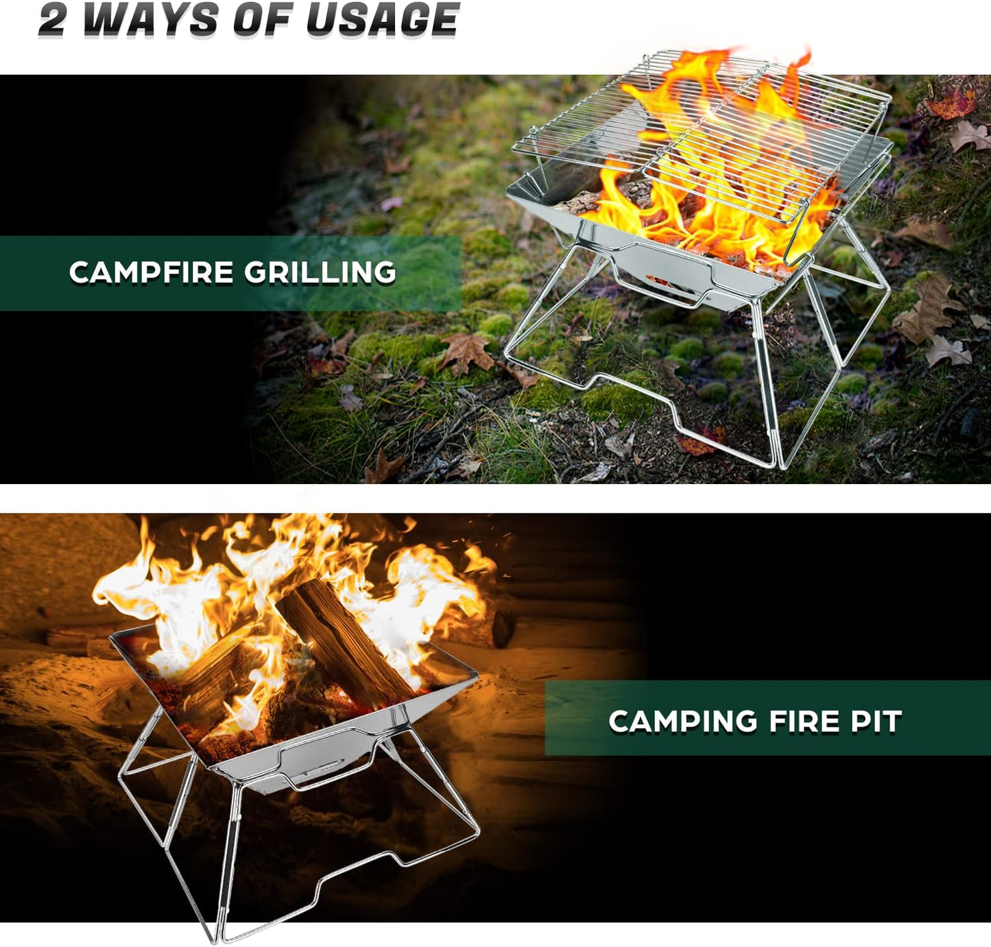 Odoland Folding Campfire Grill, 304 Stainless Steel Grate Barbeque Grill, Portable Camping Grill with Legs for Picnics, Backpacking, Outdoor with Carrying Bag and Kitchen Tongs