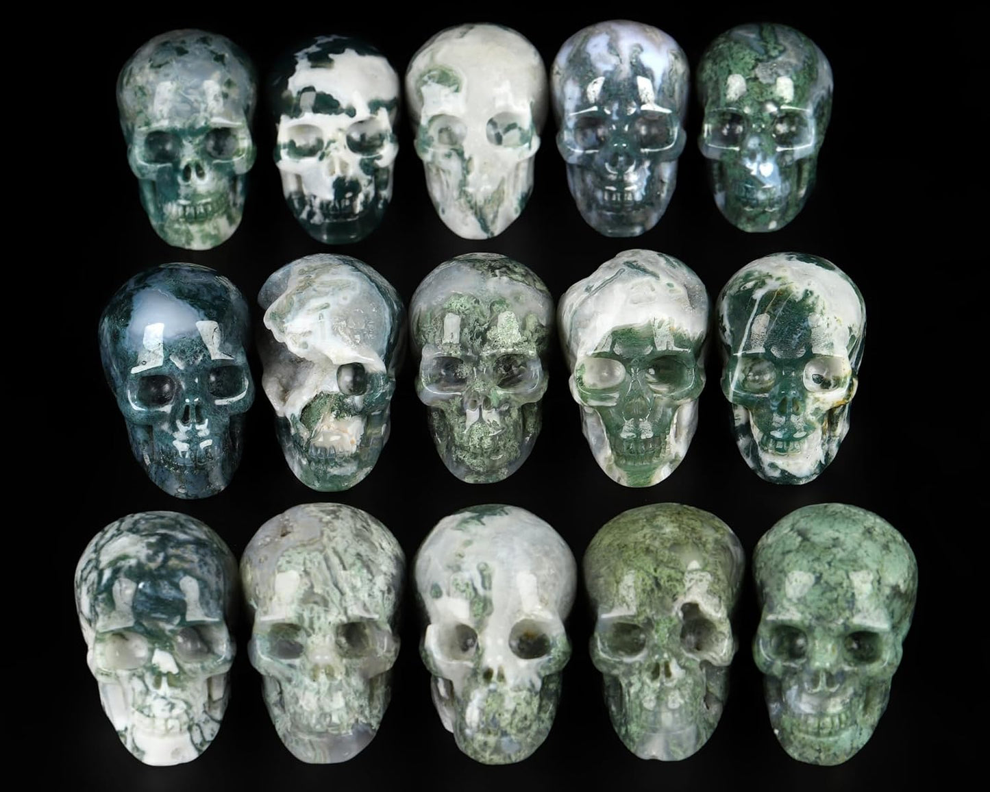 Skullis 2.0” Green Moss Agate Crystal Skull, Hand Carved Gemstone Fine Art Sculpture, Reiki Healing Stone Statue.