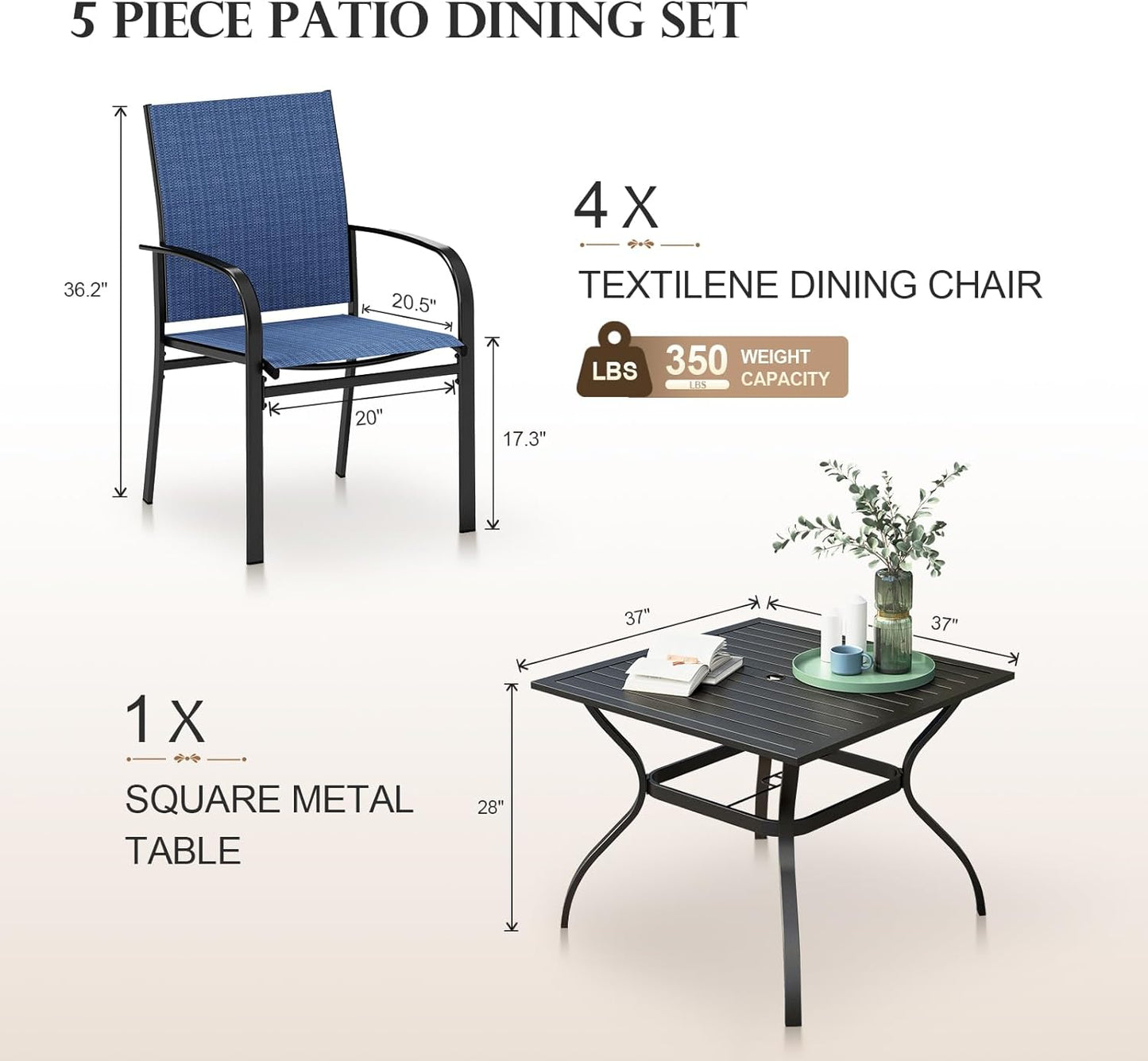 HERA'S HOUSE 5 Pieces Patio Dining Set, Outdoor Table and Chairs Set for 4, 4 x Blue Textilene Dining Chair, 37" Square Metal Dining Table, for Lawn Garden Backyard Deck