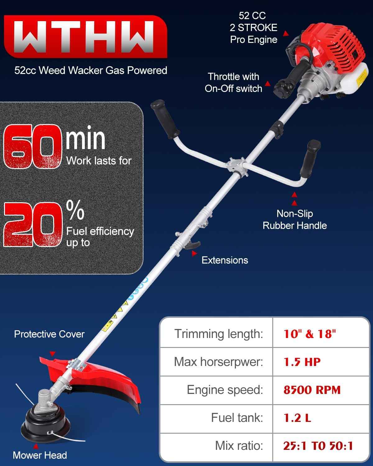 52cc Gas Powered Weed Eater and Brush Cutter 3-in-1, Heavy Duty Straight Shaft String Trimmer with Harness and 2 Heads for Tough Weeds, Grass, and Land Clearing (PT6082)