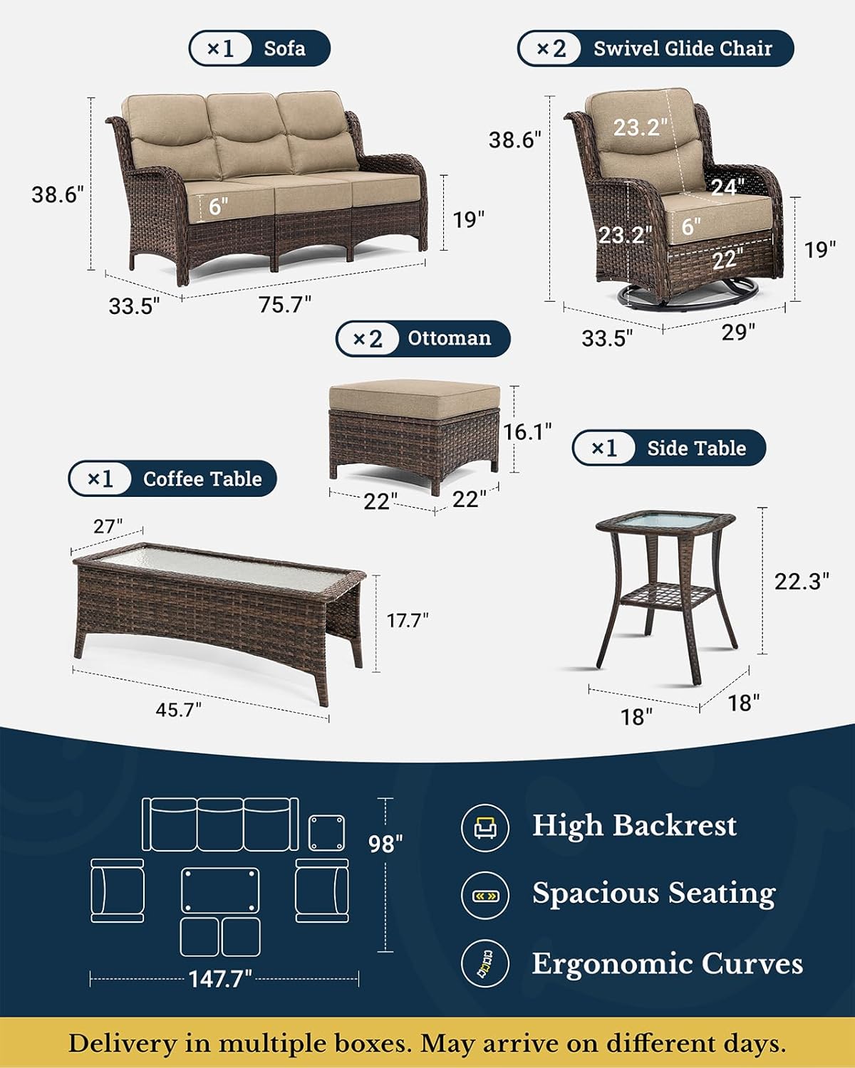 HILLGA Luxury Patio Furniture Set with 6-inch Thick Cushion, Outdoor Couch and High Back Swivel Rocker Patio Chairs, 7PCS Wicker Conversation Set for Deck Yard and Poolside, Beige (V2)