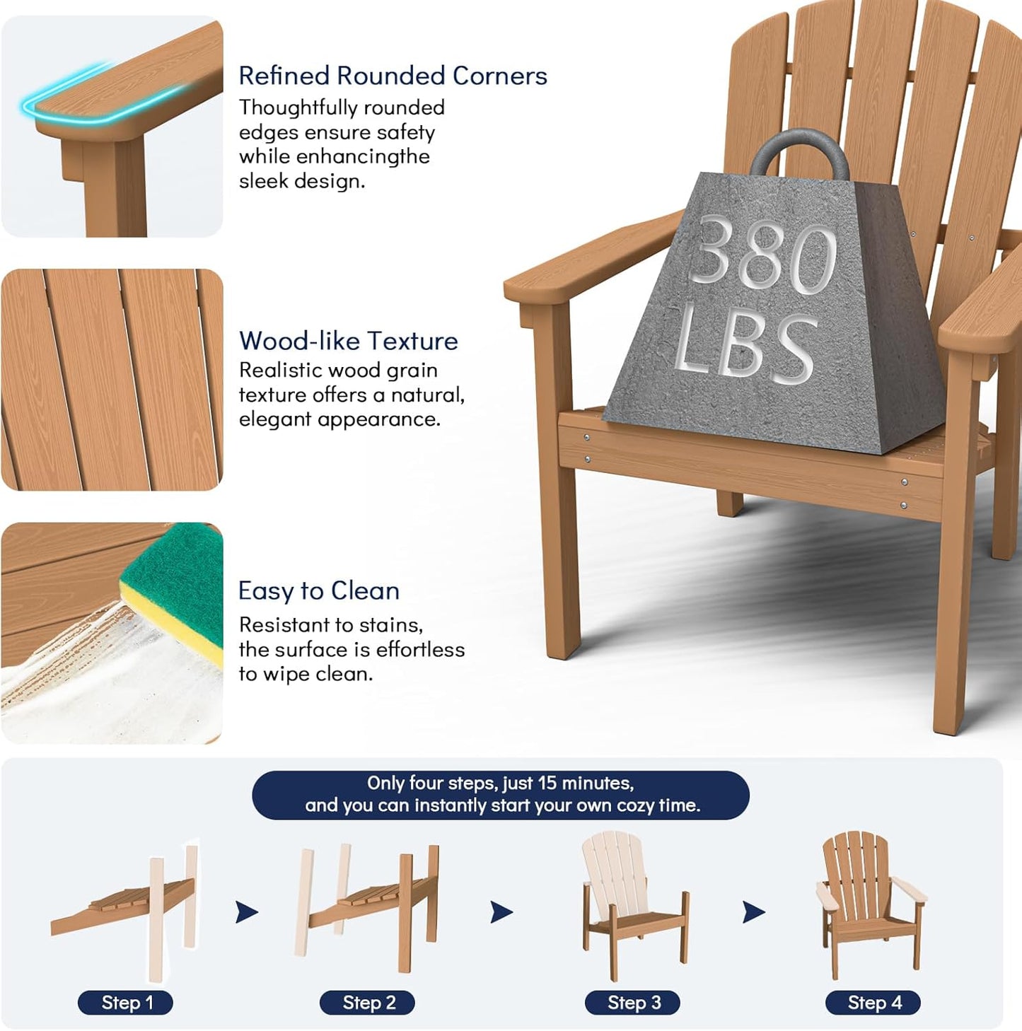 Stackable Adirondack Chair, HDPE Outdoor Patio Chair - Durable and Space Saving, Suitable for Porches, Lawns or Garden, Teak