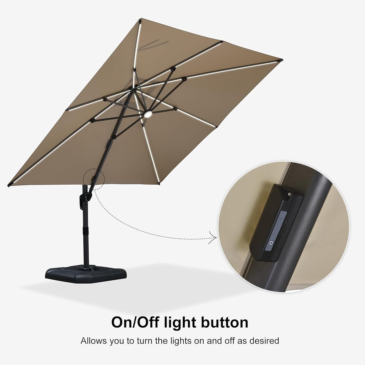 PURPLE LEAF 10 Feet Patio Umbrella Outdoor Cantilever Solar Powered LED Square Umbrella Aluminum Offset Umbrella with 360-degree Rotation for Garden Deck Pool Patio, Beige