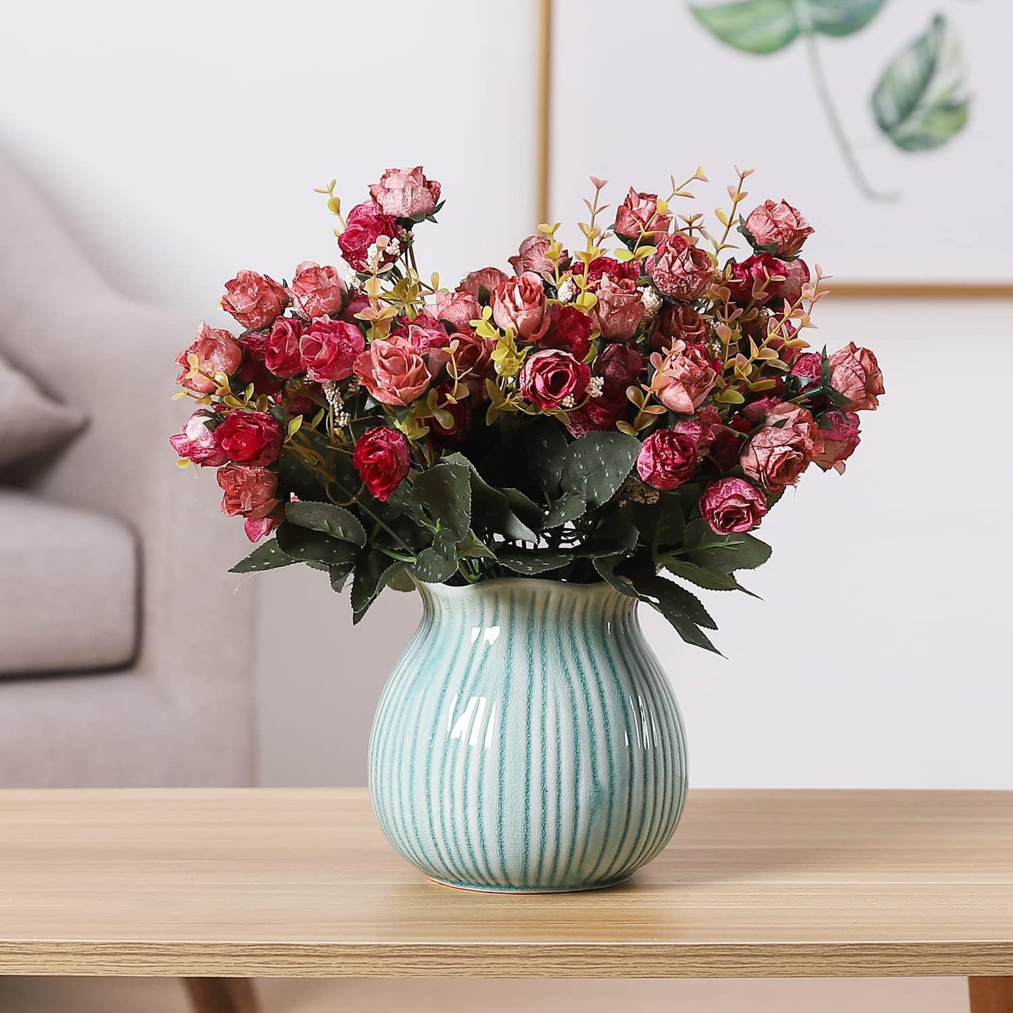 Duovlo 7 Branch 21 Mini Rose Heads Artificial Flowers Bouquet Wedding Home Office Decor,Pack of 2 (2 PCS Rose Red)