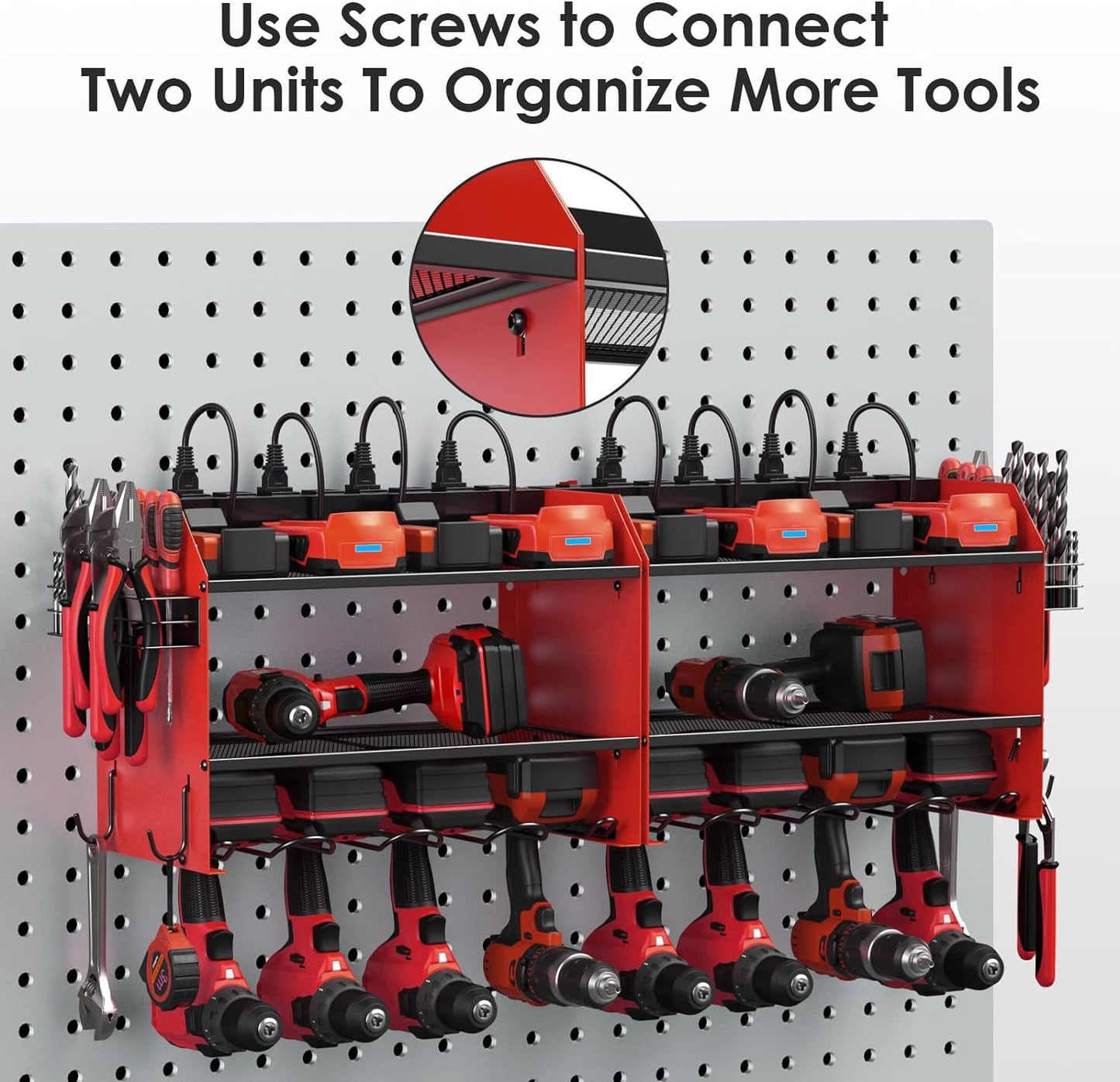 CCCEI Modular Power Tool Organizer Wall Mount with Charging Station. Garage 4 Drill Storage Shelf with Hooks, Screwdriver, Drill Bit Heavy Duty Rack, Tool Battery Holder Built in 8 Outlet Power Strip.