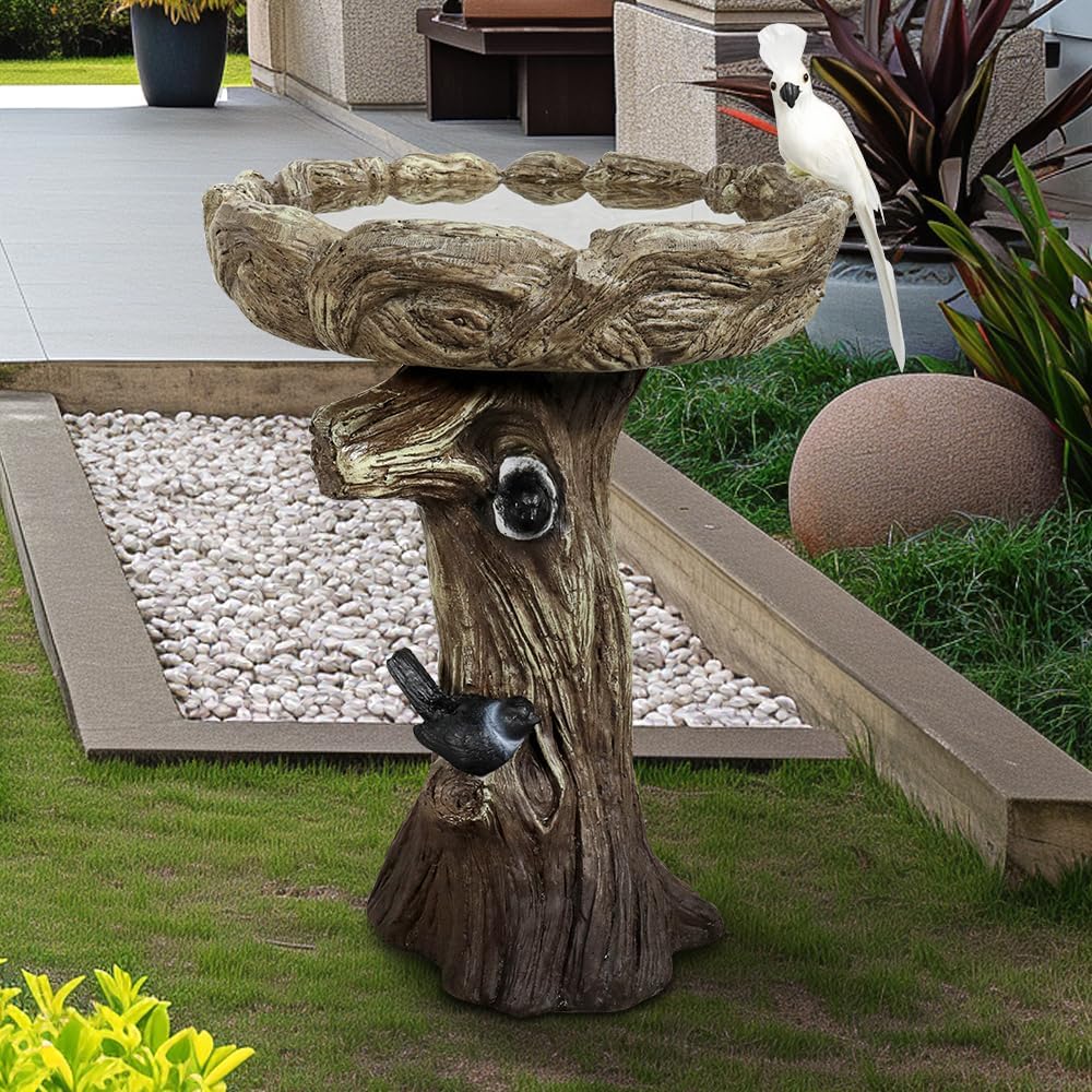 Birdbath for Outdoor Garden with a Fake Bird Decor - 23" H * 17.7" Φ Freestanding Trunk Like Bird Bath for Outside Patio or Yard Decor