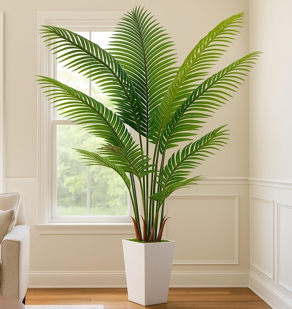 7FT Artificial Palm Tree, Tall Artificial Tree Plants with Fake Plants, Large Faux Plants Indoor with Lifelike Leaves for Outdoor Indoor Home Office Living Room Decor (White)