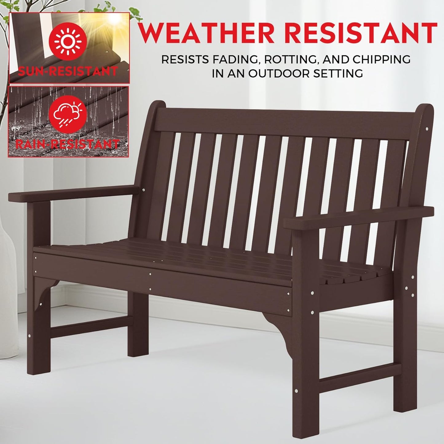 Garden Bench, Farmhouse Park Front Porch for Entryway Bench Outdoor Seating Low Bench Patio Bench Outside/Indoor, Dark Brown