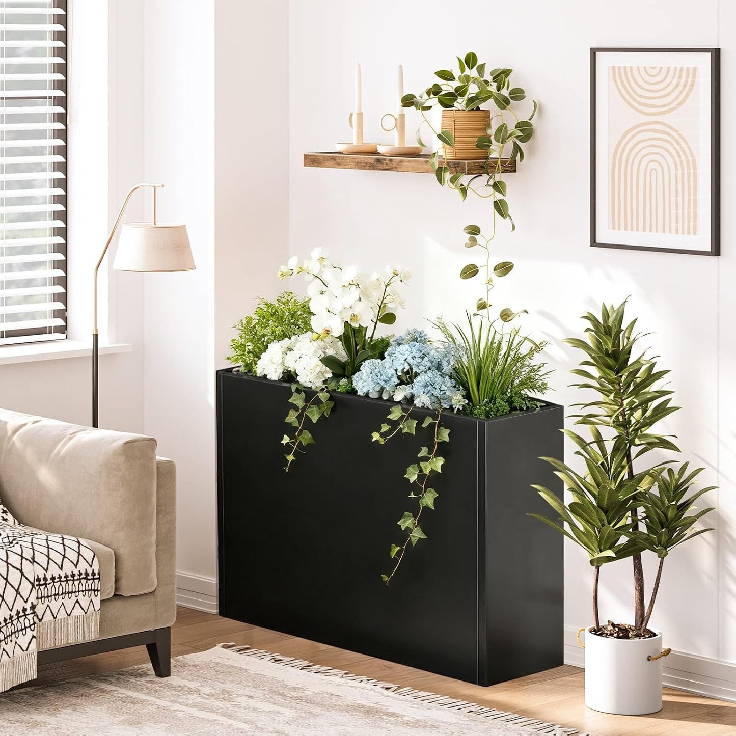Nessxa Metal Planter Box for Outdoor Plants 38" L x 13" W x 30" H, Heavy Duty Steel Large Rectangular Planter Box with Removable Insert Shelf, Modern Décor for Tall Plants, Trees, Flowers (Black)