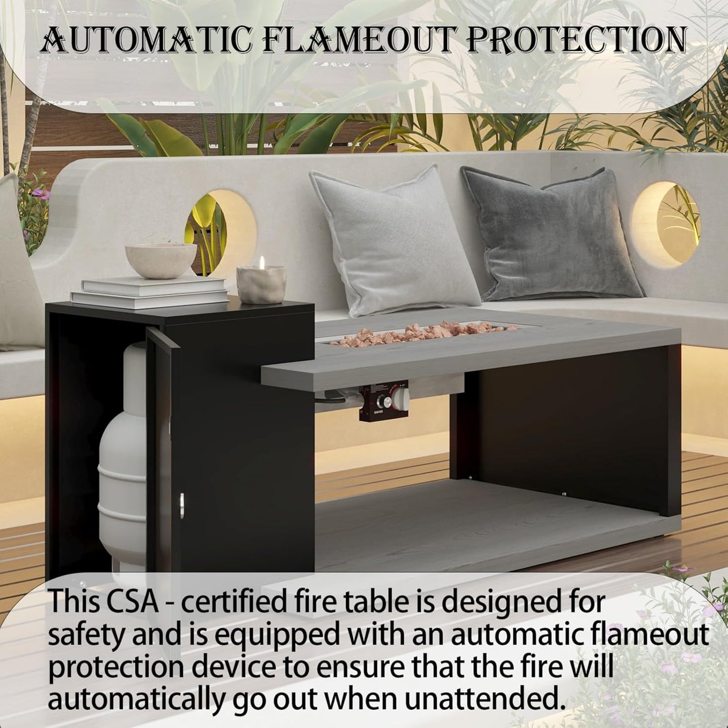53” Outdoor Propane Fire Pit Table, 50,000BTU Gas Firepit Table with Tank Cover, Stainless Steel Lid, for Patio Backyard, Grey & Black 53.1" W x 26" D x 21.1" H