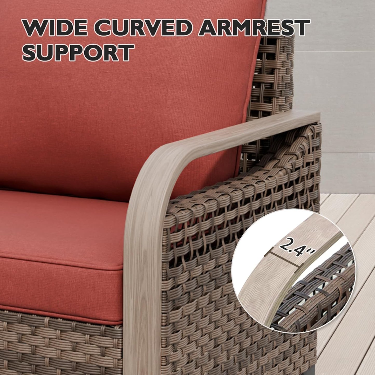 EAGLE PEAK Modern Wicker Outdoor Chair, Patio Chair Curved Armrest, Rattan Patio Furniture for Yard Deck Porch Garden, 2 Chairs, Brown/Red