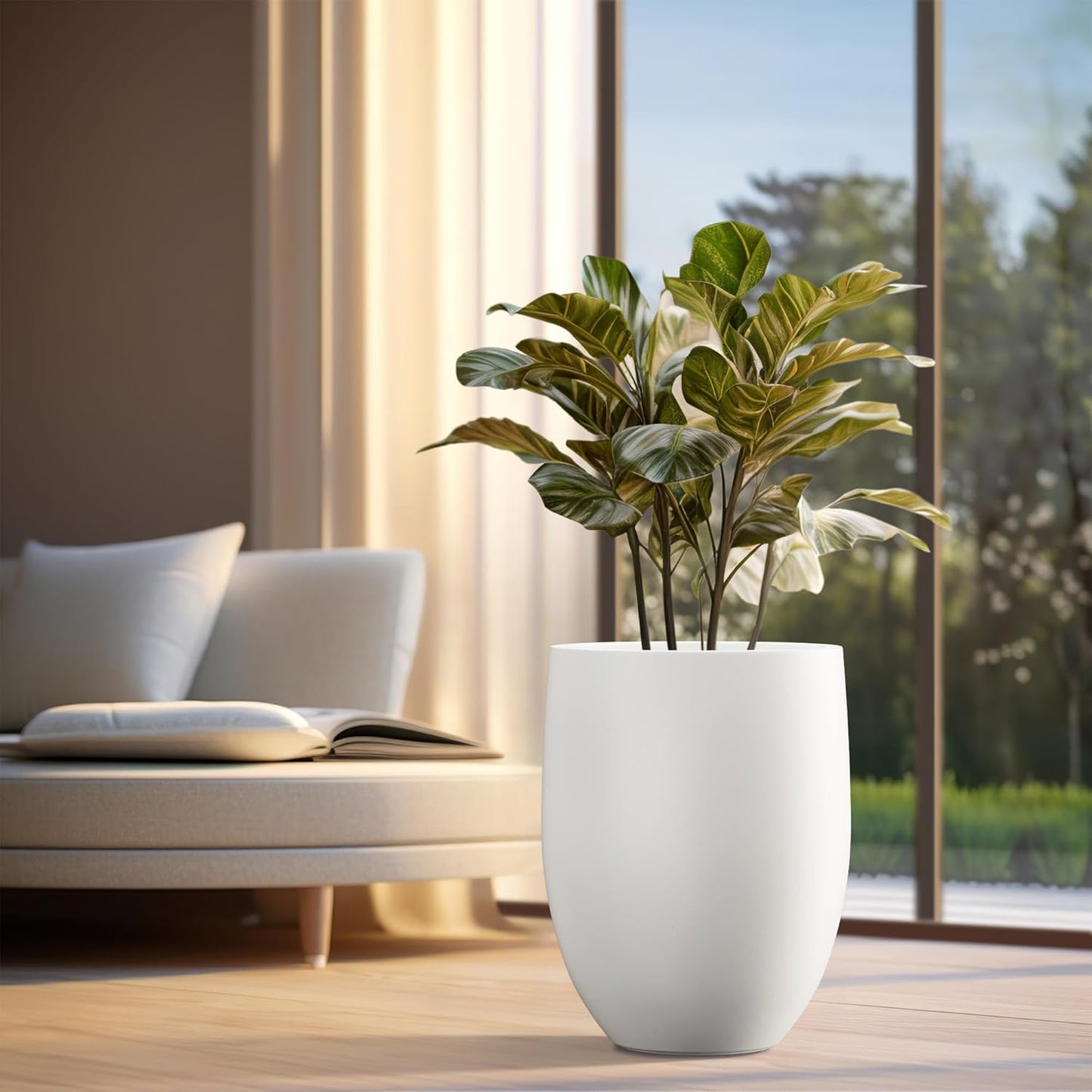 Kante 21.7" H Snow White Concrete Tall Planter, Large Outdoor Indoor Decorative Pot with Drainage Hole and Rubber Plug, Modern Round Style for Home and Garden