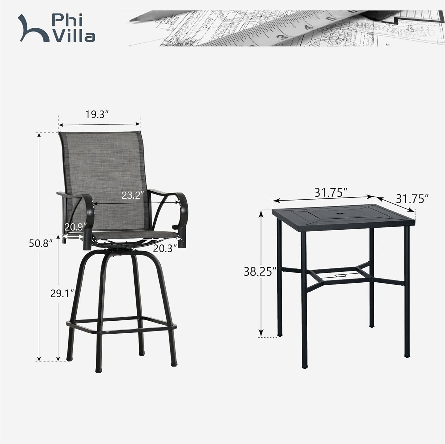 PHI VILLA 5 Piece Patio Bar Set, Bar Height Outdoor Bistro Table and Chairs with Swivel Bar Stools (Gray) and Square Metal Bar Table for Deck, Garden and Porch