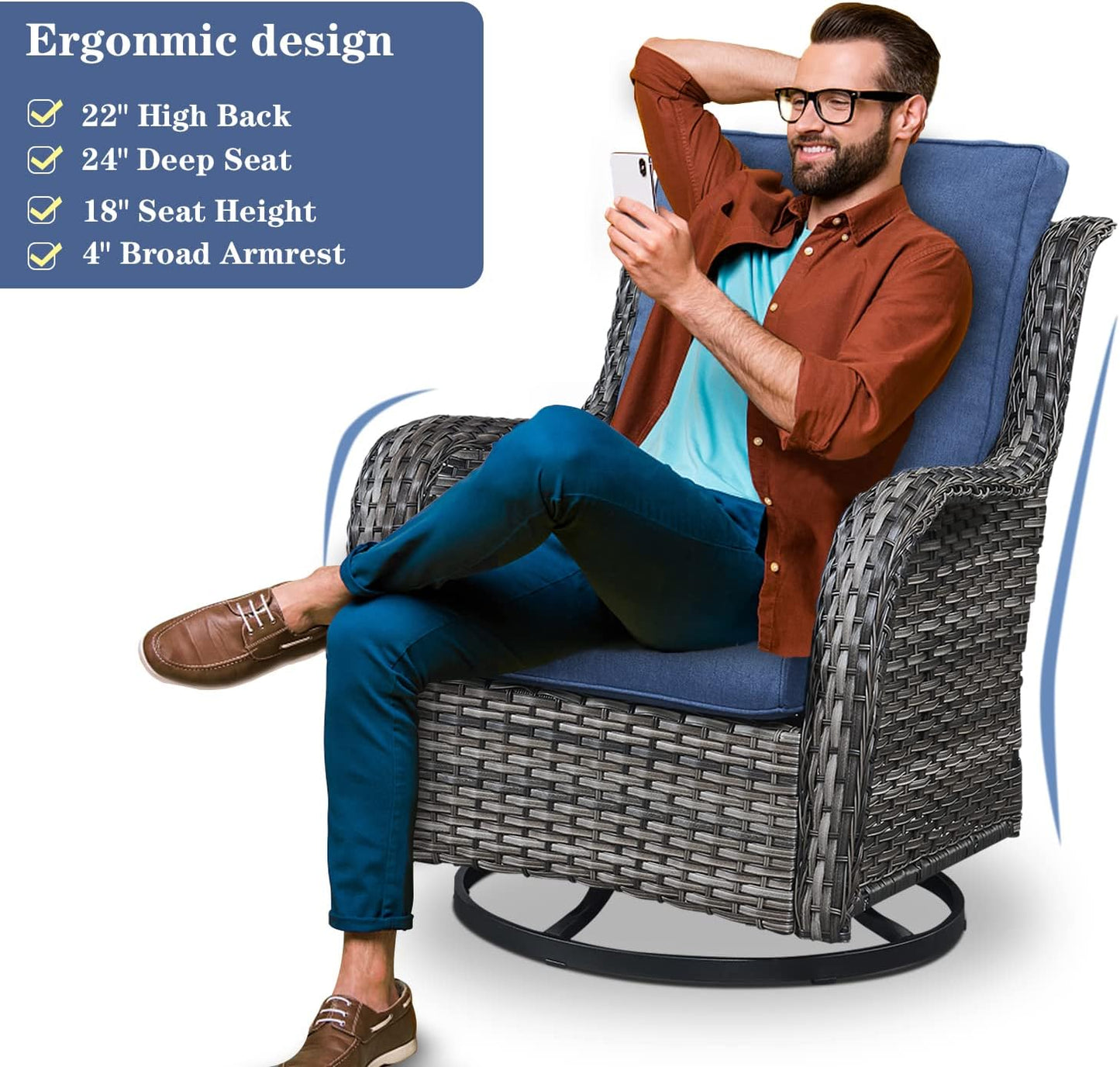 Outdoor Furniture Sectional Sofa L Shaped Couch - Patio Wicker Set with 2 Swivel Glider Chairs, 8 Piece Rattan Patio Conversation Sets with Blue Cushion for Deck Backyard Sunroom