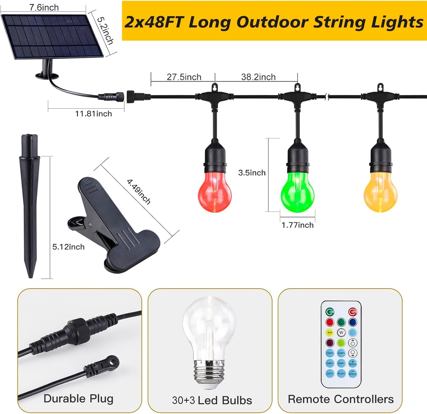 Auroraworld Outdoor String Lights RGB, 96FT Dimmable Patio String Lights with Shatterproof Edison Bulbs, Remote, Commercial Lights for Cafe,Yard, Party