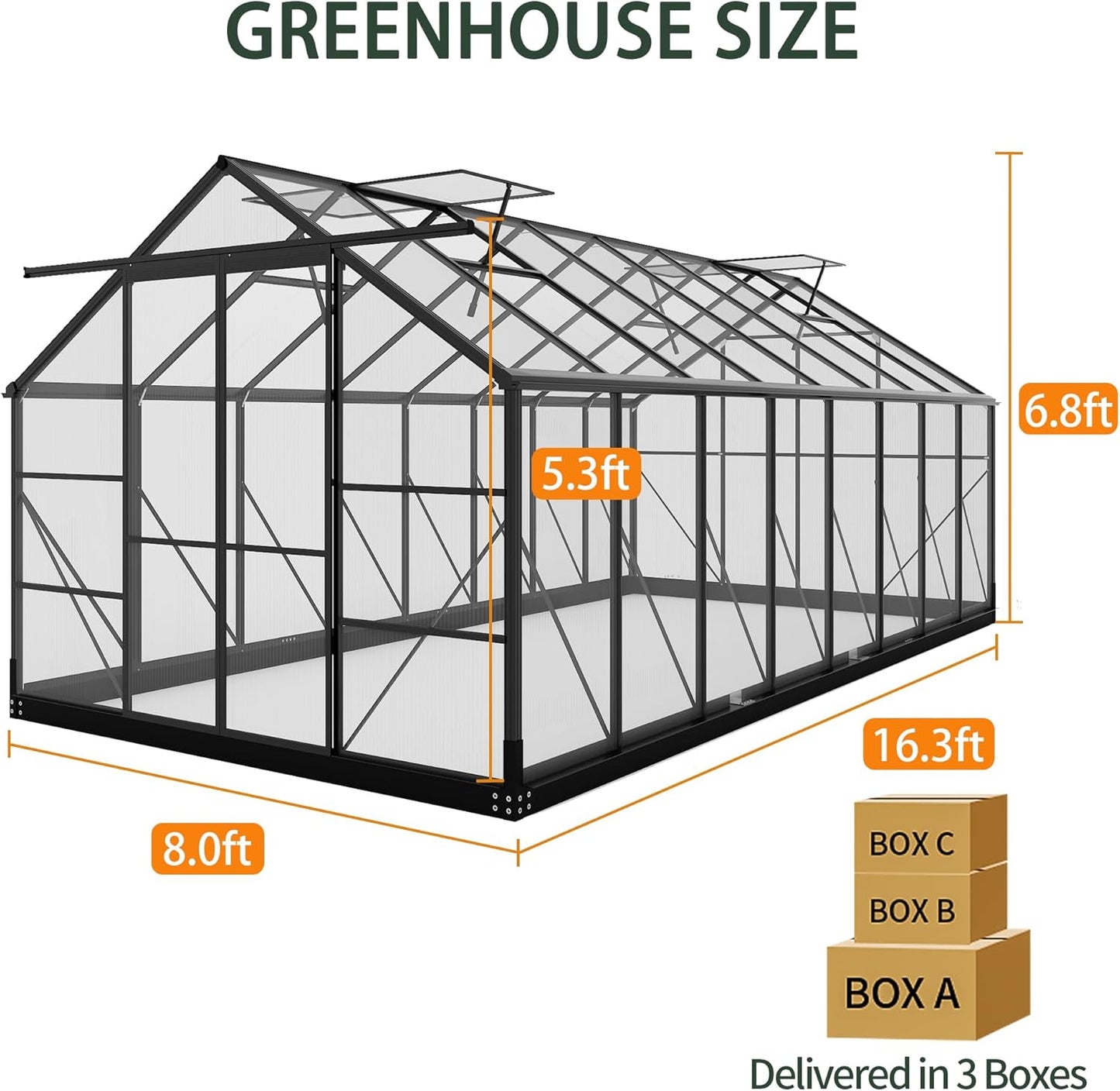 Polycarbonate Greenhouses, 8x16 FT Green Houses for Outside with Adjustable Roof Vents, Walk-in Aluminum Frame Greenhouse, Windproof, Garden, Backyard Outdoor (8x16FT)
