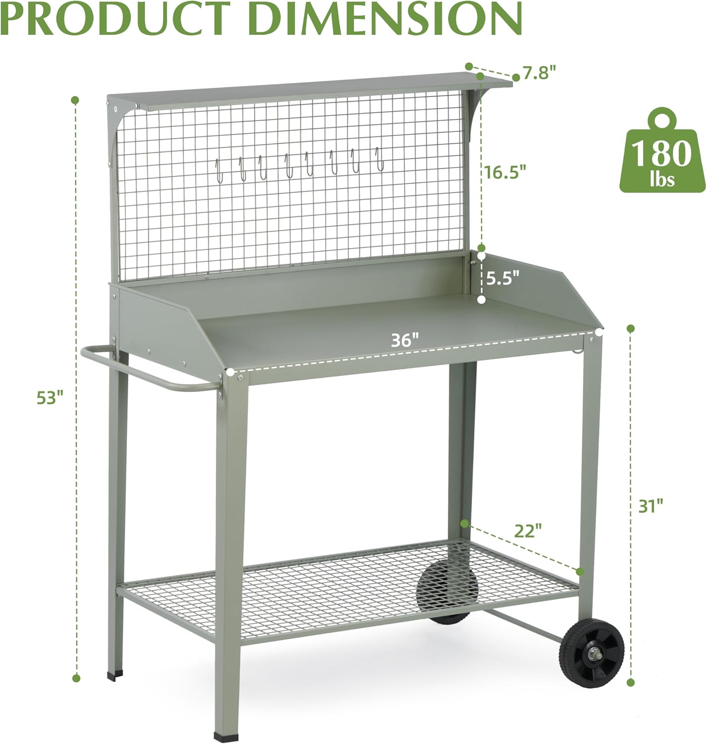 Outdoor Metal Potting Bench with Wheels, Heavy Duty Garden Workbench Table with Storage Shelf (Green, 52.8"x36.6")