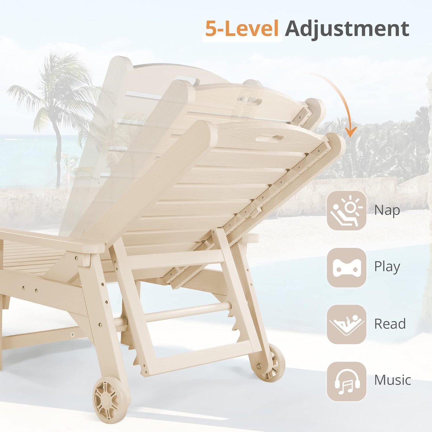 LUE BONA Chaise Lounge Chairs Set with Table, 6-Piece, 79'' Oversized HDPS Chaise Lounger, 5 Positions Adjustable Patio Lounge Chairs, Pool Lounge Chair with Wheels for Poolside, 3-Year Warranty, Sand