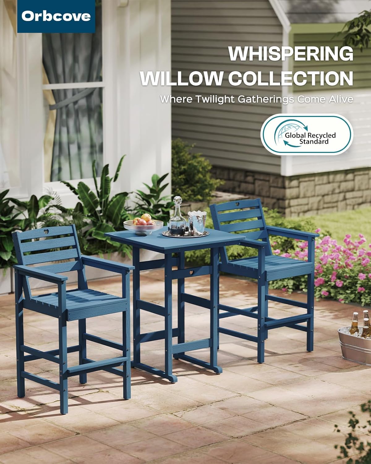 Tall Adirondack Chairs Set of 2, HDPE Wood Balcony Adirondack Chairs Set with Heart Cutout Design, Weather-Resistant Bar Height Furniture for Deck, Porch, Pool (Navy Blue)