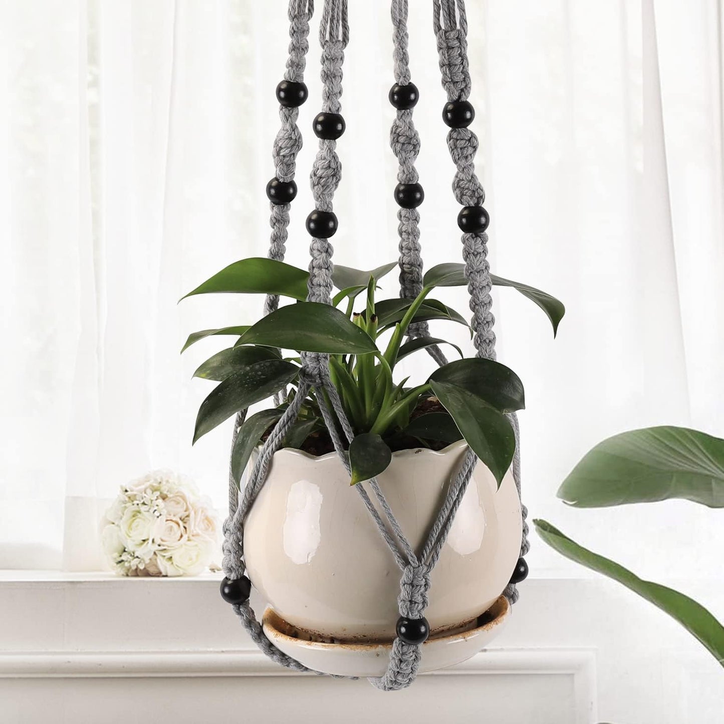 3-Pack Macrame Plant Hanger Indoor - Hanging Planter Basket for Indoor Outdoor - Decorative Boho Plant Holders Set with Beads - Ceiling Flower Pot Holder with 6 Hooks - 35"/30"/24" Gray
