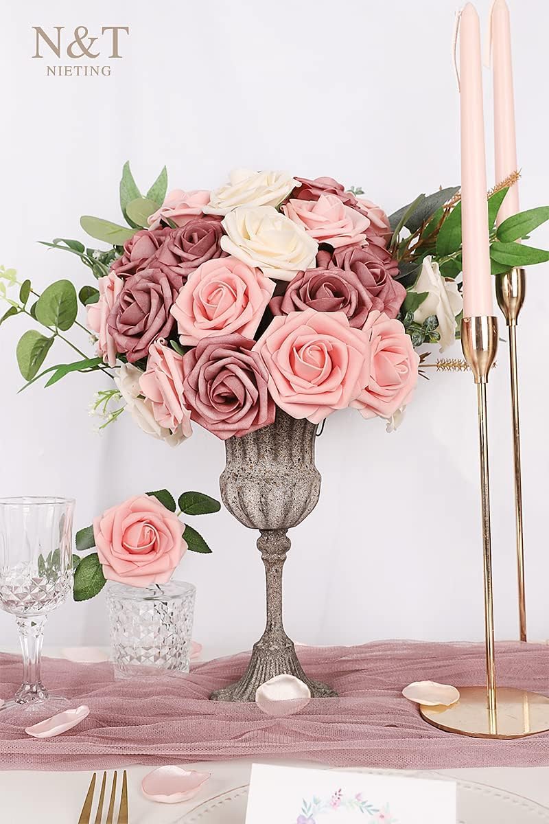 N&T NETING Artificial Flowers Roses 25pcs Real Looking Fake Spring Roses Stem for DIY Wedding Bouquets Centerpieces Arrangements Home Decorations Party Baby Shower Shades of Dusty Rose, Pink & Cream
