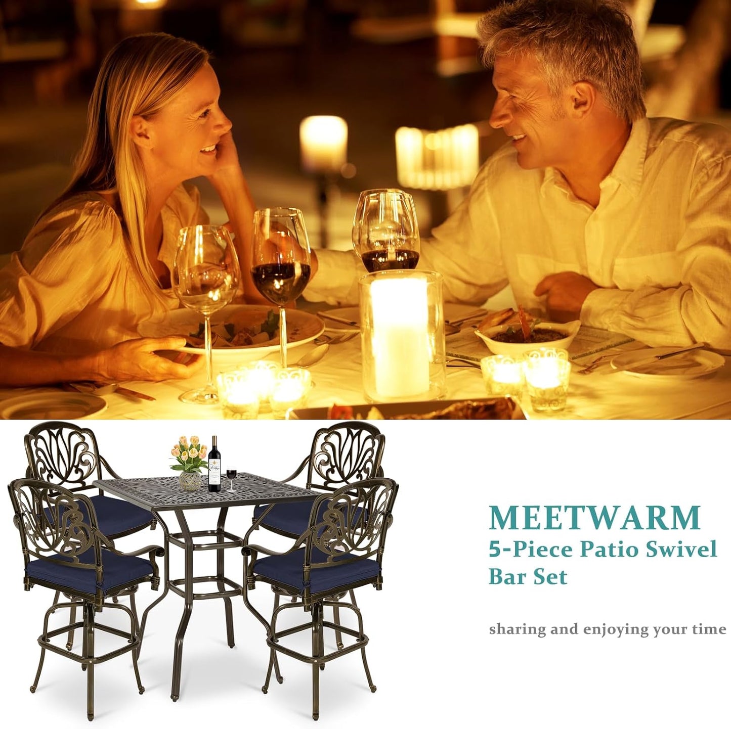 MEETWARM 5-Piece Patio Swivel Bar Set, All-Weather Cast Aluminum Outdoor High Bar Stool Bistro Set for Backyard Garden with 4 Cushions Bar Chairs with Footrest and 35.4" Bar Table, 2.2" Umbrella Hole