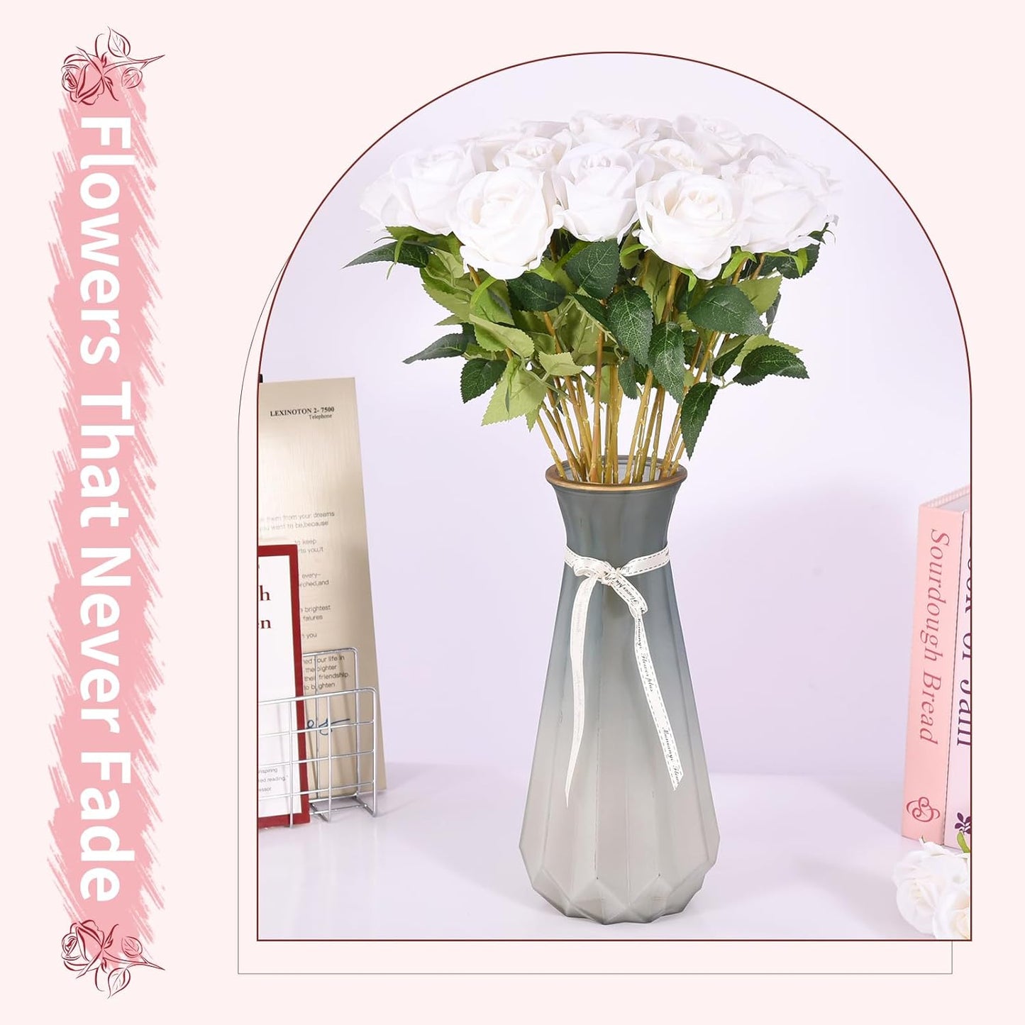 55 PCS Fake Roses Artificial Flowers Bulk, White Roses Bridal Bouquet Silk Faux Rose with Stems for Wedding Flowers Decoration, Valentine's Day, Bridal Bouquet, Anniversary,Home Decor (55PCS, White)