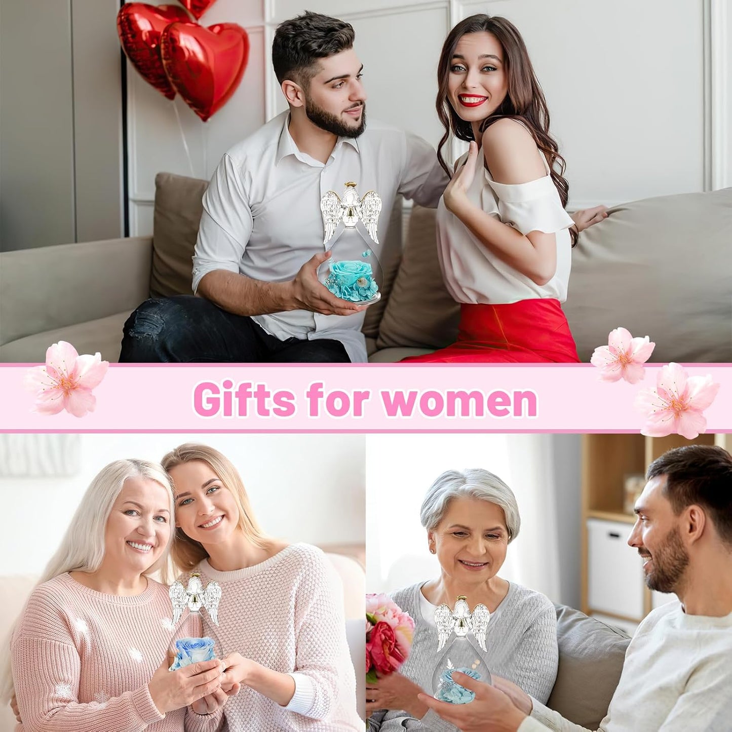 Yamonic Birthday Gifts for Mom Women, Angel Figurines with Real Rose Gifts for Her Mom Grandma, Mothers Day Preserved Flowers Rose for Christmas Valentine's Day (White+Blue)