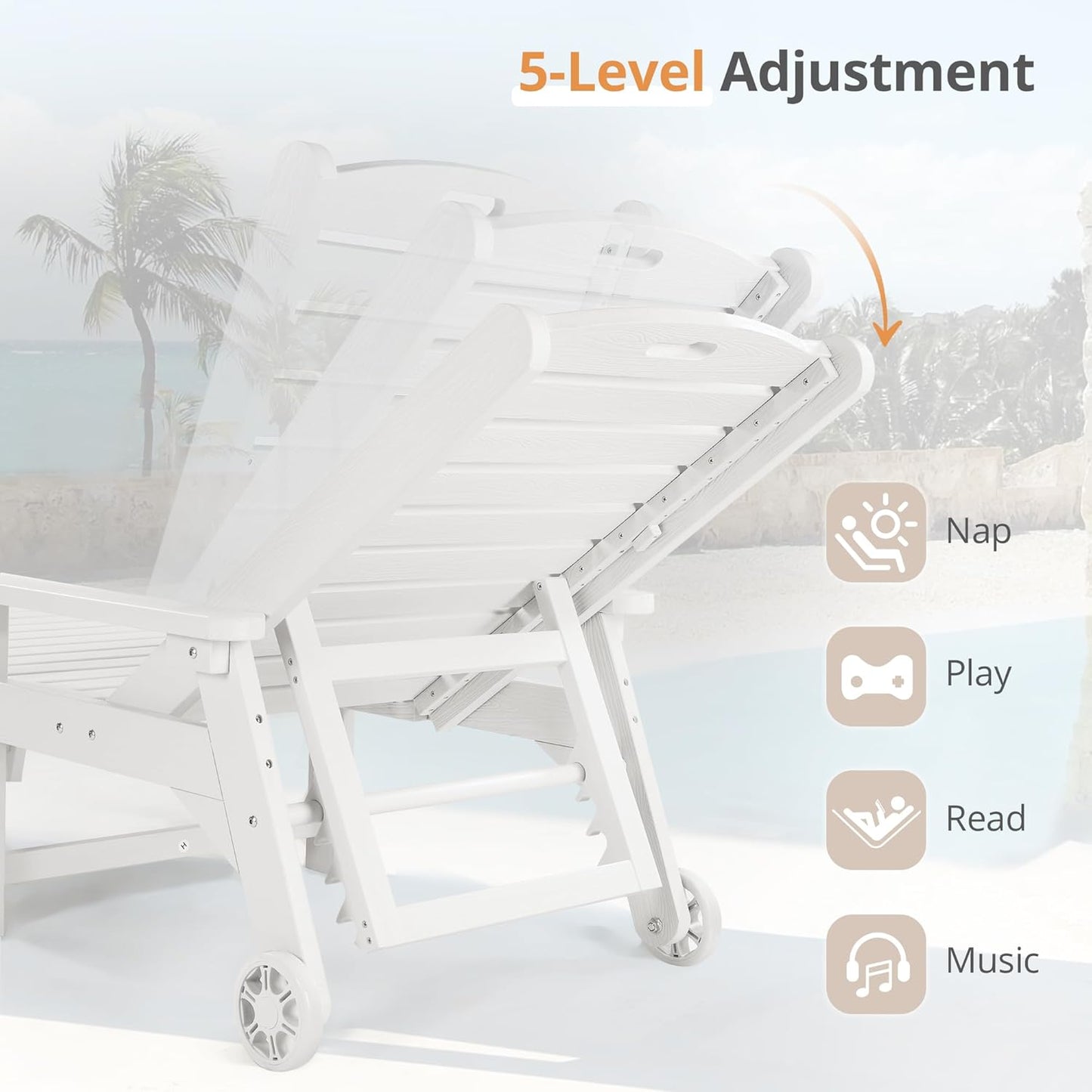 LUE BONA Chaise Lounge Chairs Set with Table, 6-Piece, 79'' Oversized HDPS Chaise Lounger, 5 Positions Adjustable Lounge Chairs, Pool Lounge Chair with Wheels for Poolside, 3 Year Warranty, White