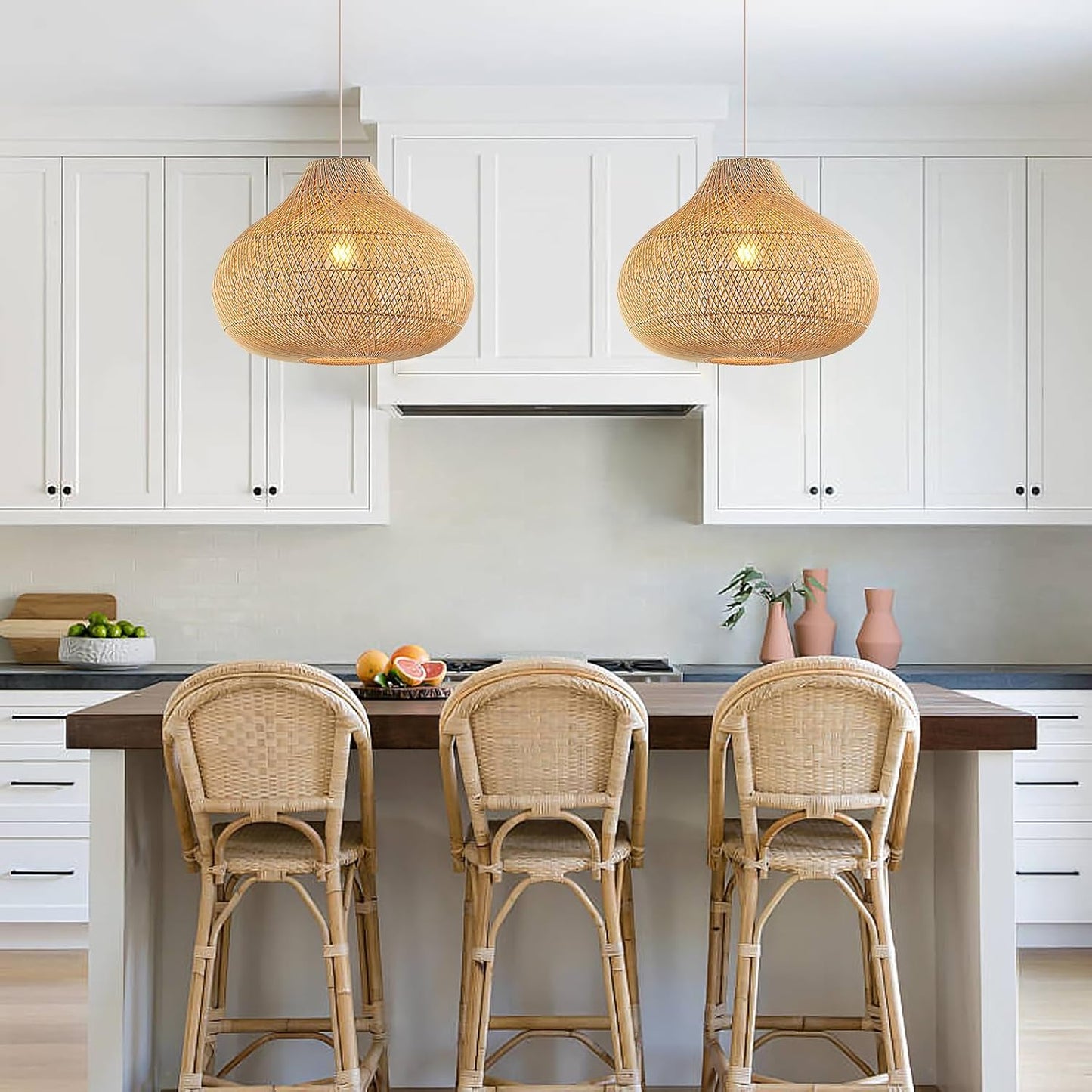 Large Rattan Pendant Light, 19.7" Rattan Boho Wicker Chandelier Hand-Woven Basket Pendant Light Fixtures for Dining Room Kitchen Island Living Room