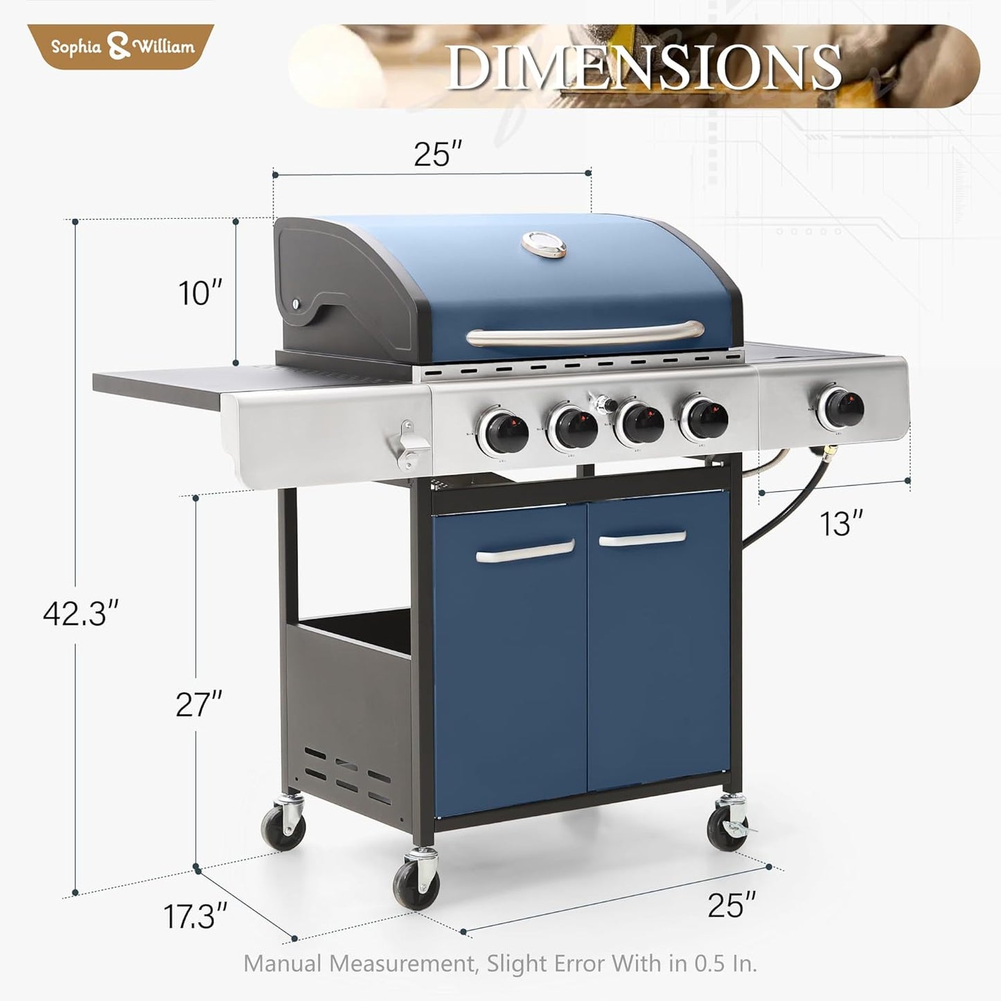 Sophia & William 4-Burner Gas BBQ Grill with Side Burner and Porcelain-Enameled Cast Iron Grates, 42,000BTU Propane Grills Outdoor Cooking Barbecue Cabinet Style, Blue - Lumora Garden