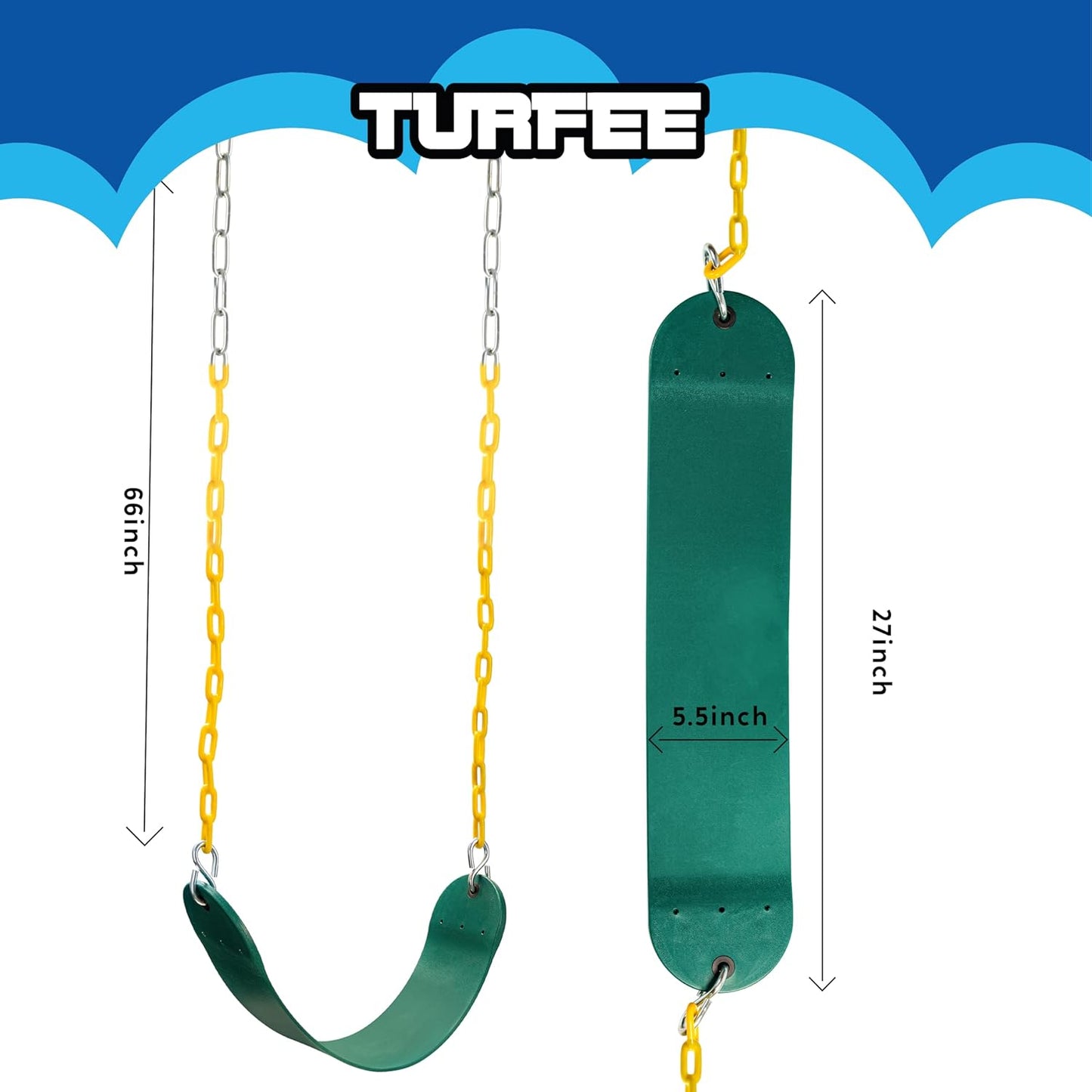 TURFEE 2 Pack Green Swing Seats Heavy Duty with 66" Chain, Swing Set Accessories Replacement with Snap Hooks for Kids Outdoor Play Playground, Trees, Playground(Green)