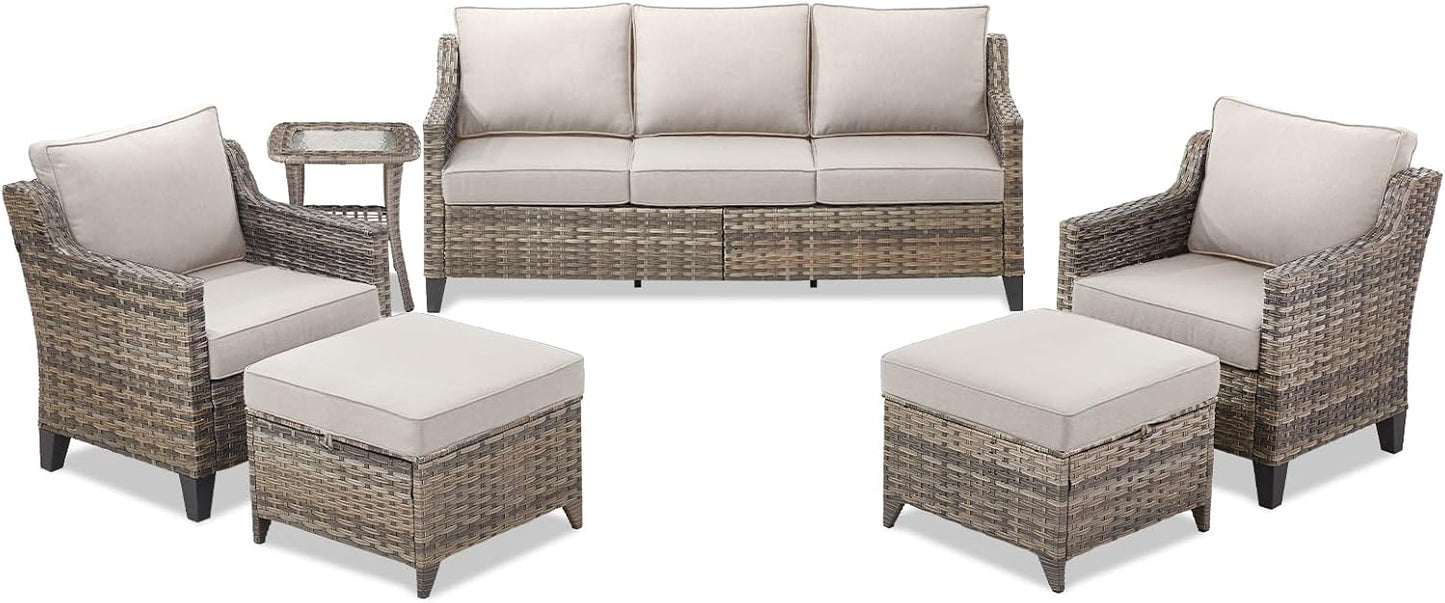 Buenhomino Outdoor Patio Furniture Set-PE Wicker Sofa Couch with Ottomans Comfy Cushions, All Weather High Back Patio Conversation Set for Porch Deck Balcony Garden Grey/Beige