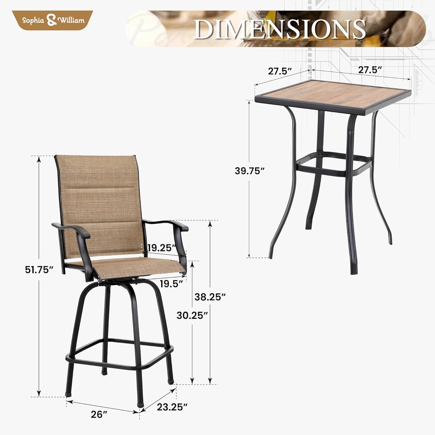 Sophia & William Modern Brown Patio Bar Set for 4: Swivel Bar Stools, High Back, Patio Bar Table & Chairs (5 Pieces), Quick Dry Textilene, Supports 300lbs