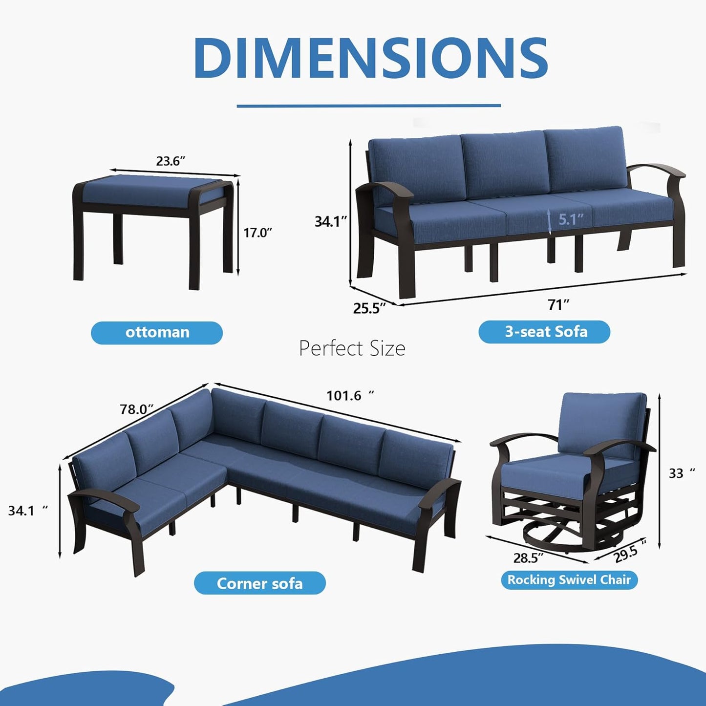 Aluminum Patio Furniture Set, 10 Seats Outdoor Patio Conversation Set with Swivel Chair Modern Metal Patio Sectional Sofa with Coffee Table for Patio, Backyard(Navy Blue).