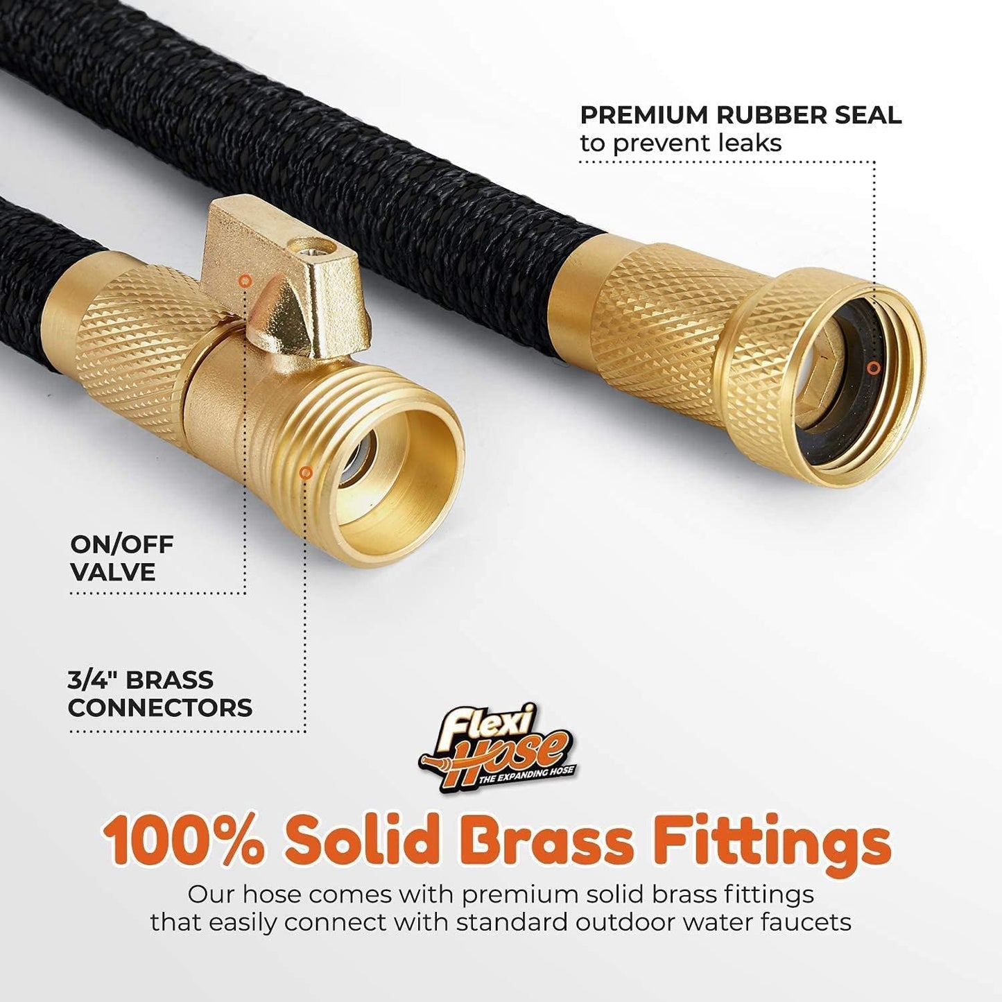 Flexi Hose with 8 Function Nozzle, 100FT - Lightweight Expandable Garden Hose, No-Kink Flexibility, 3/4 Inch Solid Brass Fittings and Double Latex Core
