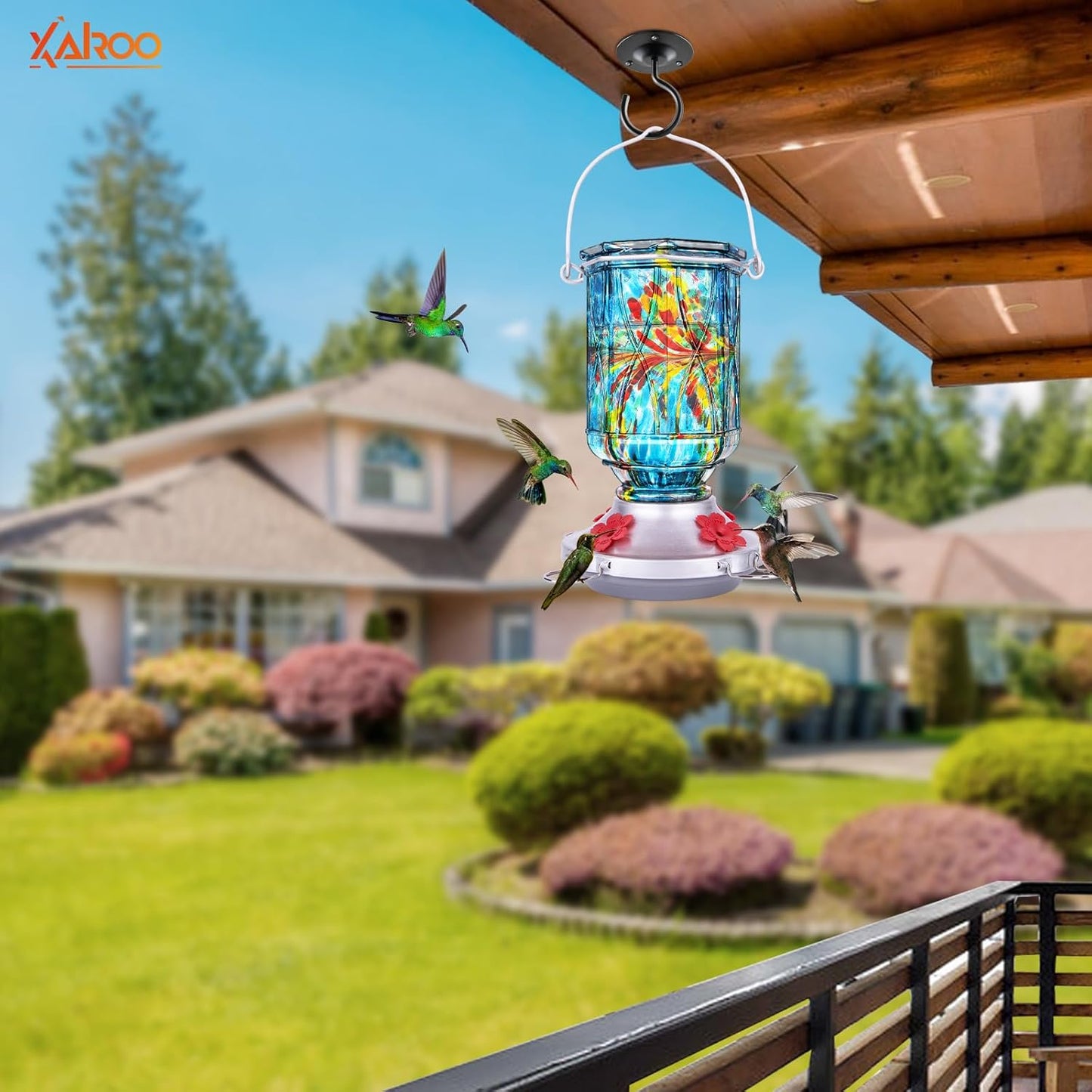 Hummingbird Feeders for Outdoors with Ant Moat, Hand Blown Glass Hummingbird Feeder, 4 Feeding Ports with Perch, Outdoor Garden Décor, 15 OZ, Blue, Gifts for Mom Wife Dad Men Women