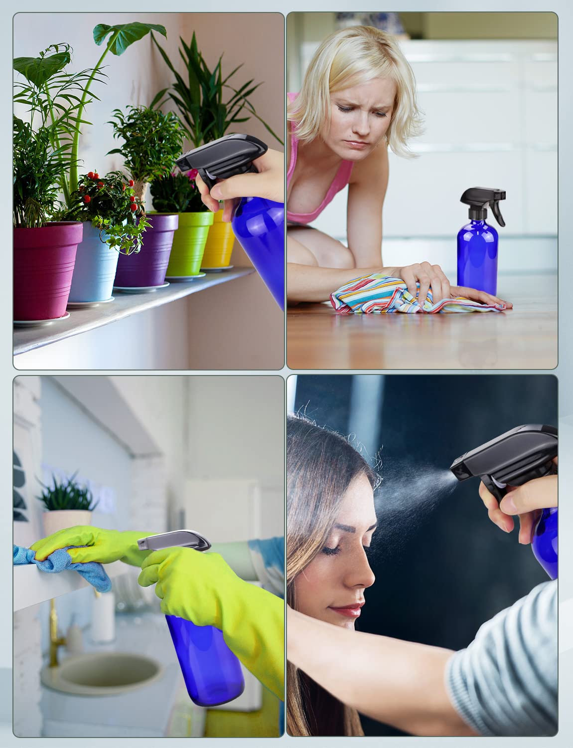 Wedama Glass Spray Bottle, 2 Pack Blue 16 oz Glass Spray Bottles for Cleaning Solutions and Essential Oils, Refillable Empty Spray Bottle with Adjustable Nozzles for Alcohol, Plant and Hair Care