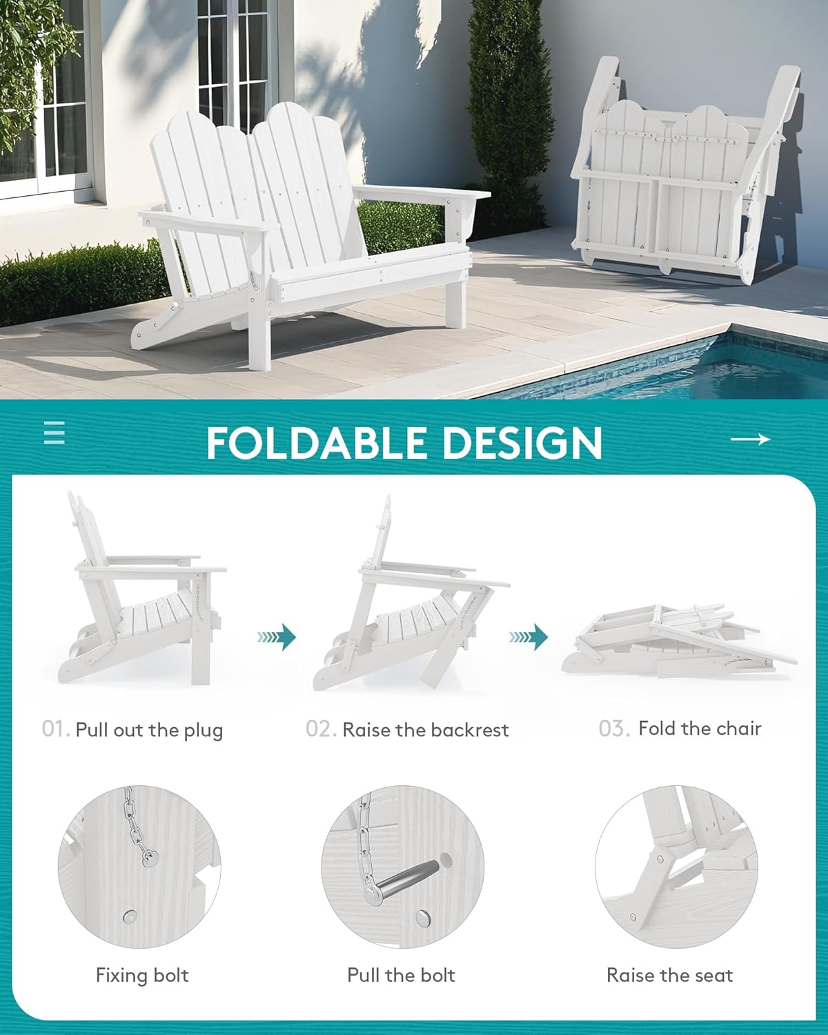 SERWALL Folding Adirondack Bench Set of 2, HDPE All-Weather Adirondack Loveseat, Folding Outdoor Bench, Whire