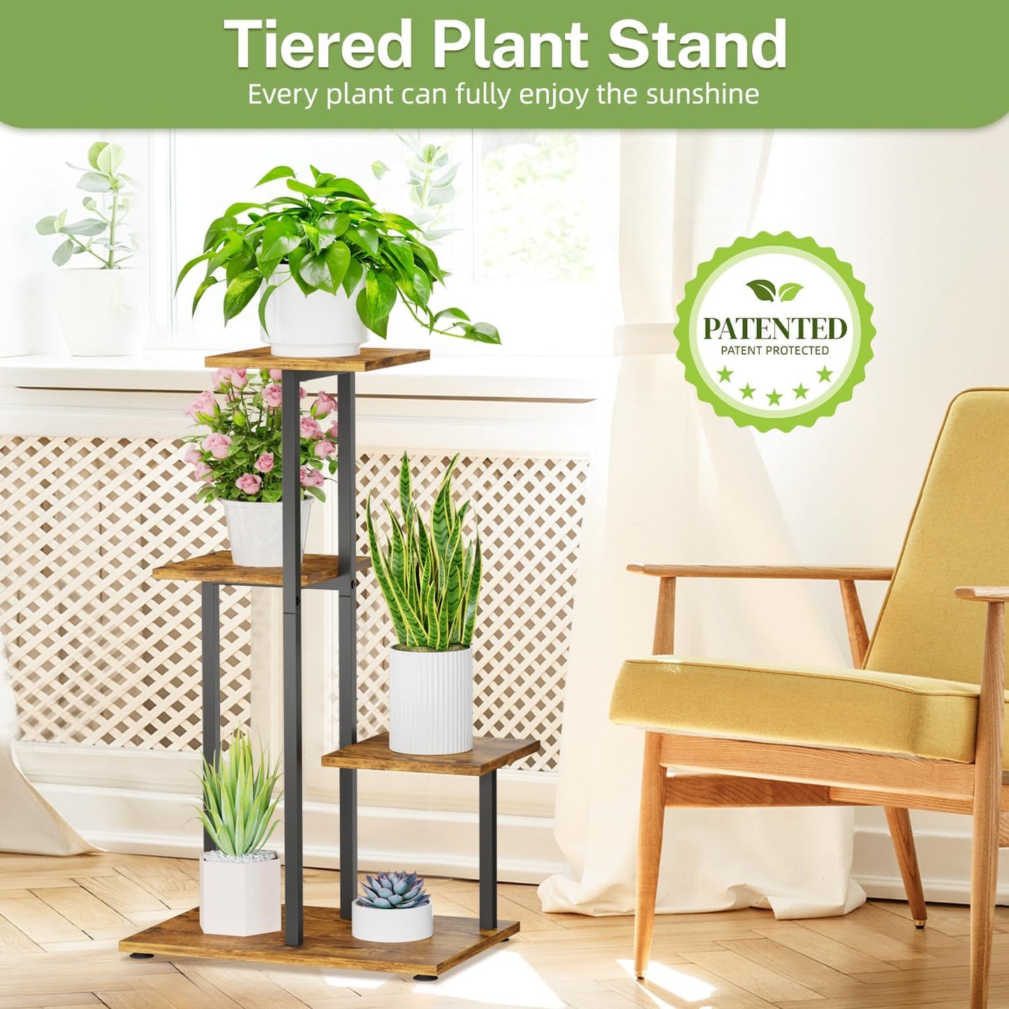 iDavosic.ly 4 Tier Plant Stand Indoor, Tiered Corner Plant Shelf for Multiple Plants, Metal Wood Tall Plant Display Rack Flower Holder for Patio Porch Garden Balcony Bedroom, Black