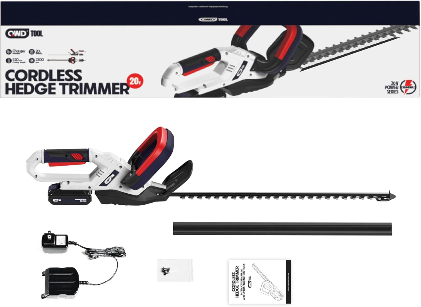 QWD 20v Cordless Hedge Trimmer Powered by Battery(Battery & Charger Included) with 20-Inch Blade & 40-Min Runtime,2200 cuts/Min,Lightweight Aluminum Body for Home Garden