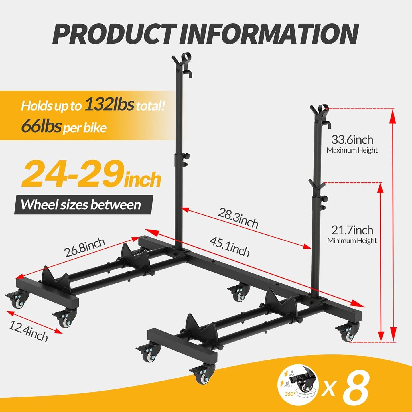Vertical Bike Stands (2 Pack),Standing Bike Rack for Garage Floor,Upright Bicycle Floor Stand Indoor Bike Holder with Adjustable Height for Garage & Apartment - for Wheels Sizes up to 29”